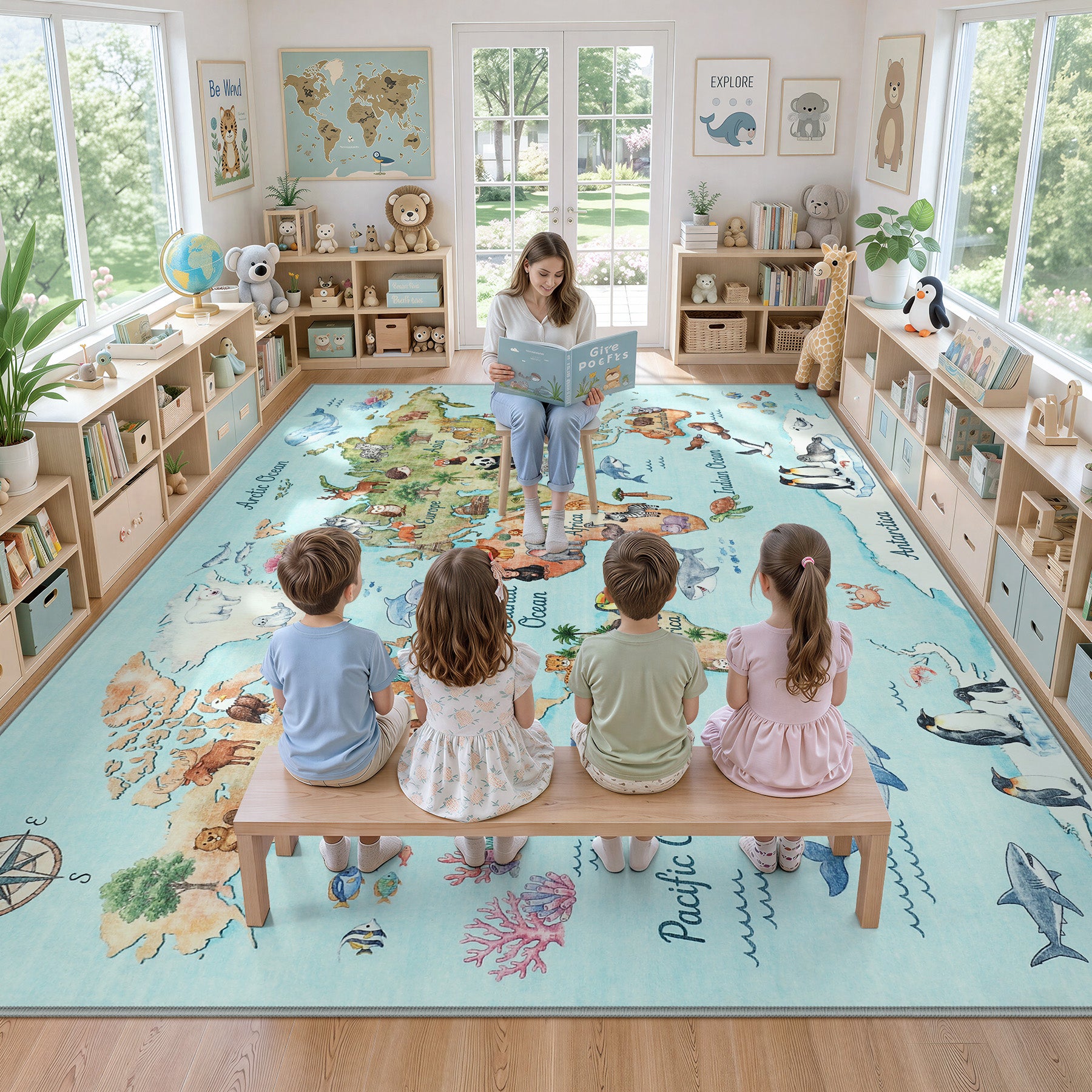 Kids Playroom Rug, Blue Washable World Map Rug – Soft Non-Slip Animal Ocean Play Mat
