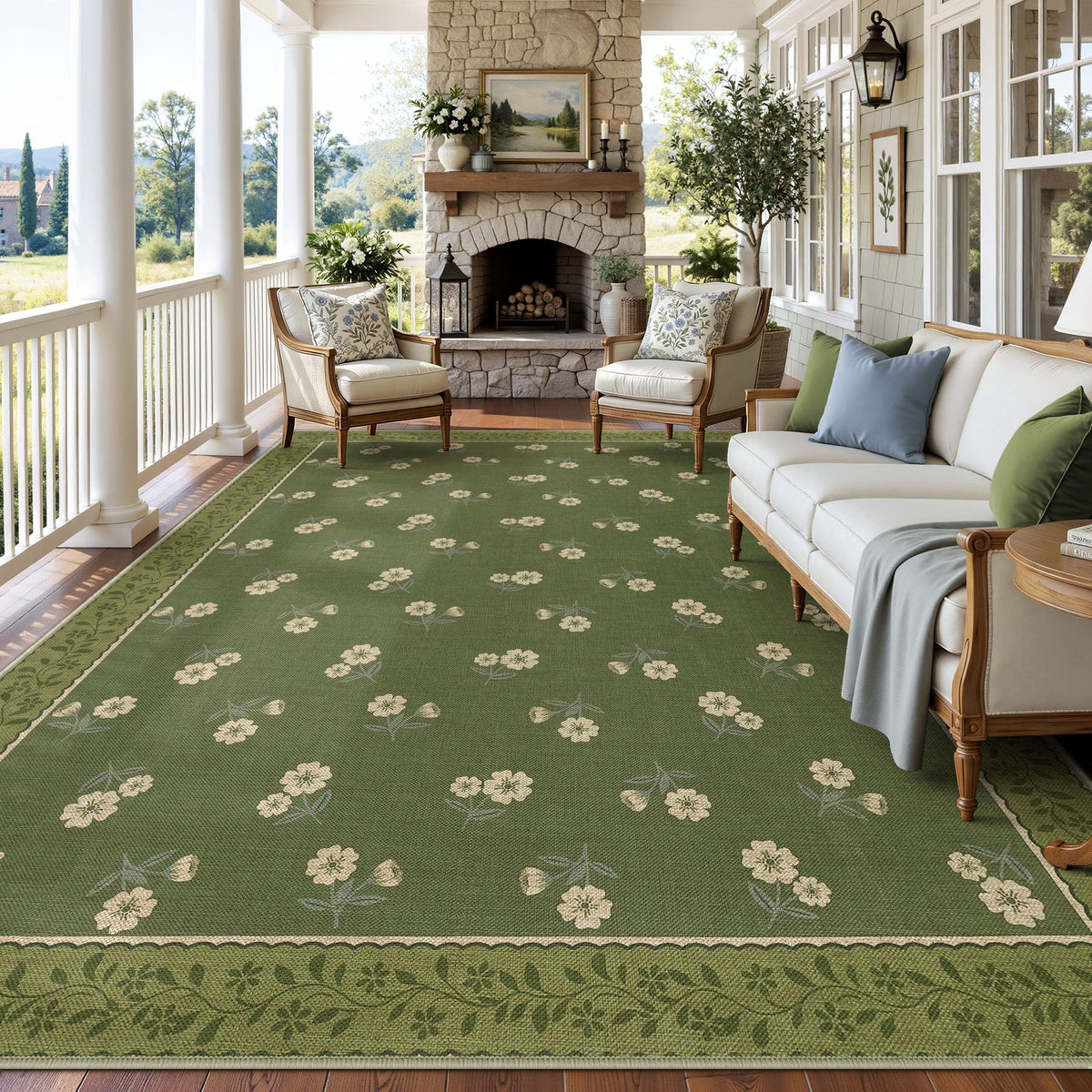 Farmhouse Floral Easy Jute Rug Washable Indoor Outdoor Low-Pile Area Rug