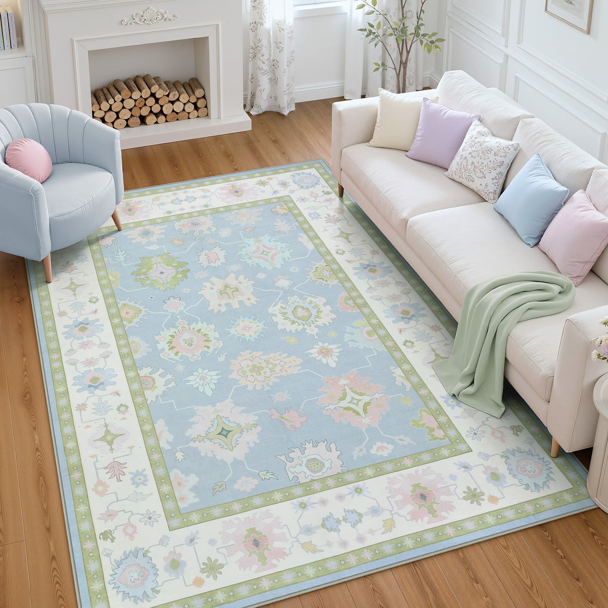 5x7/8x10/9x12 Boho Oushak Area Rug, Floral Washable Non Slip Low Pile Area Rug, Oeko-Tex Certified