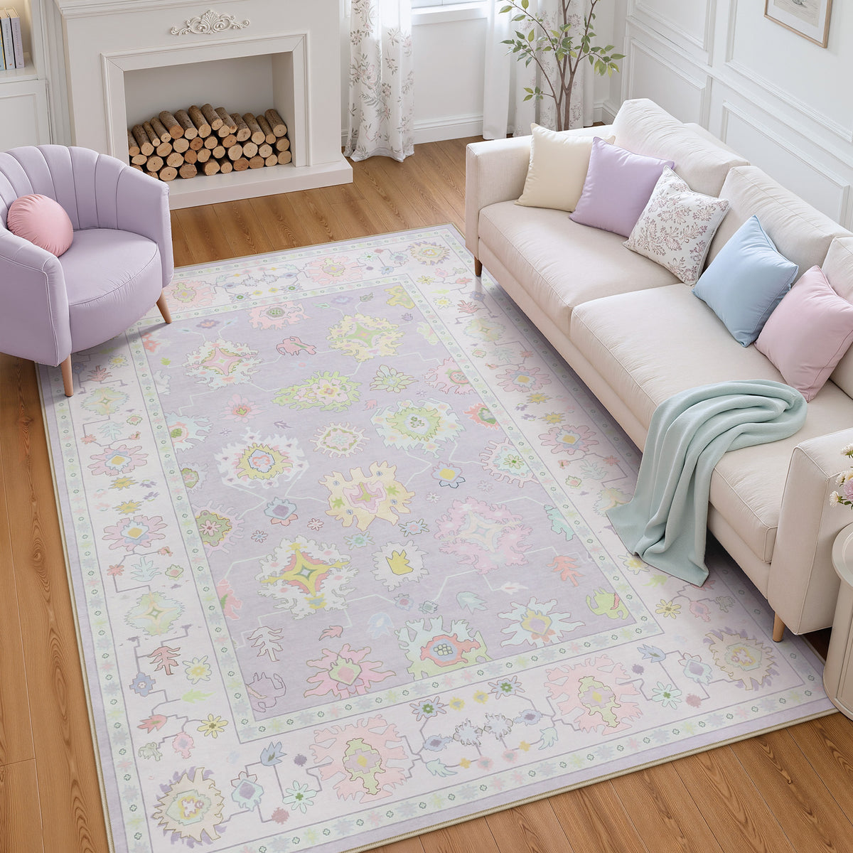 5x7/8x10/9x12 Boho Oushak Area Rug, Floral Washable Non Slip Low Pile Area Rug, Oeko-Tex Certified