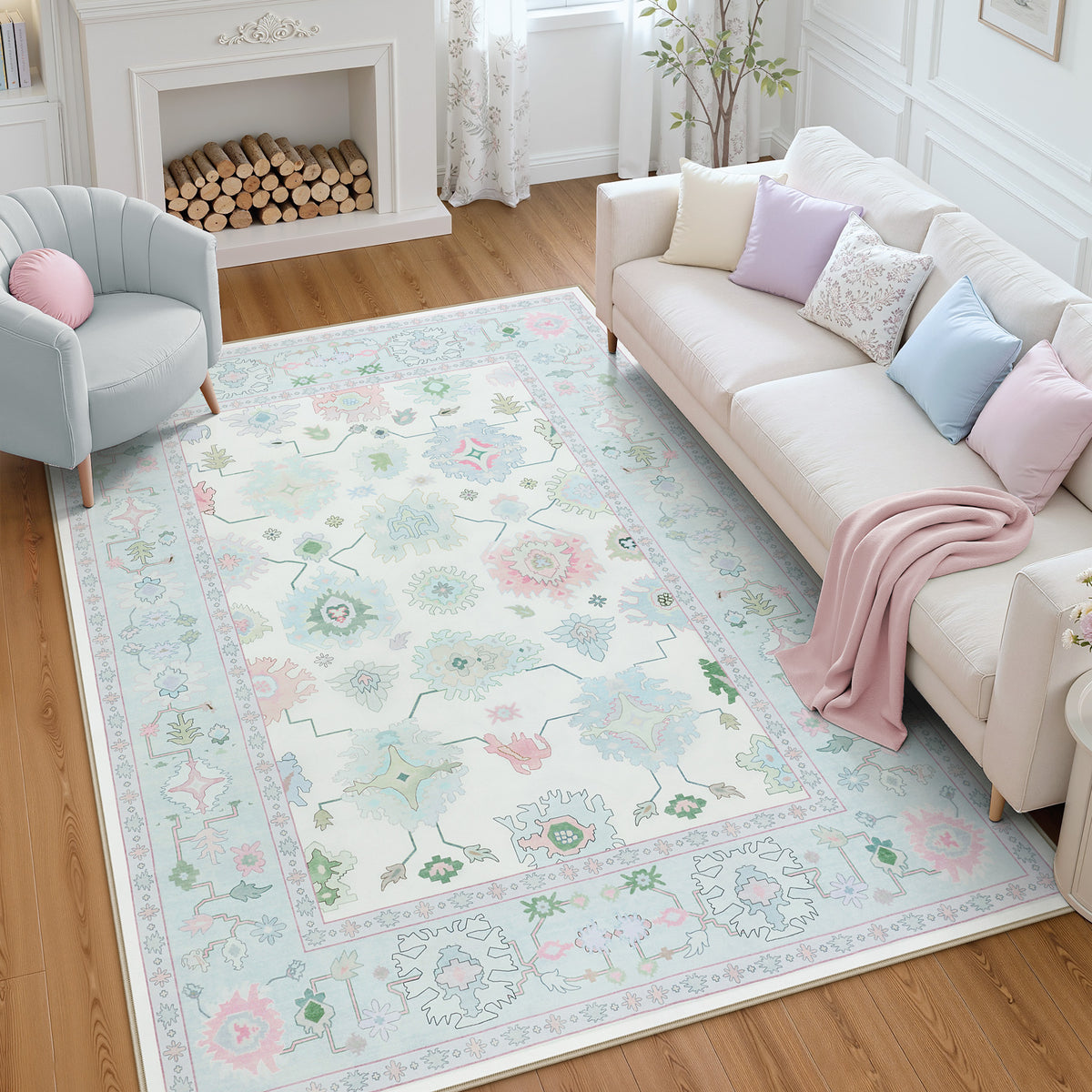 5x7/8x10/9x12 Boho Oushak Area Rug, Floral Washable Non Slip Low Pile Area Rug, Oeko-Tex Certified