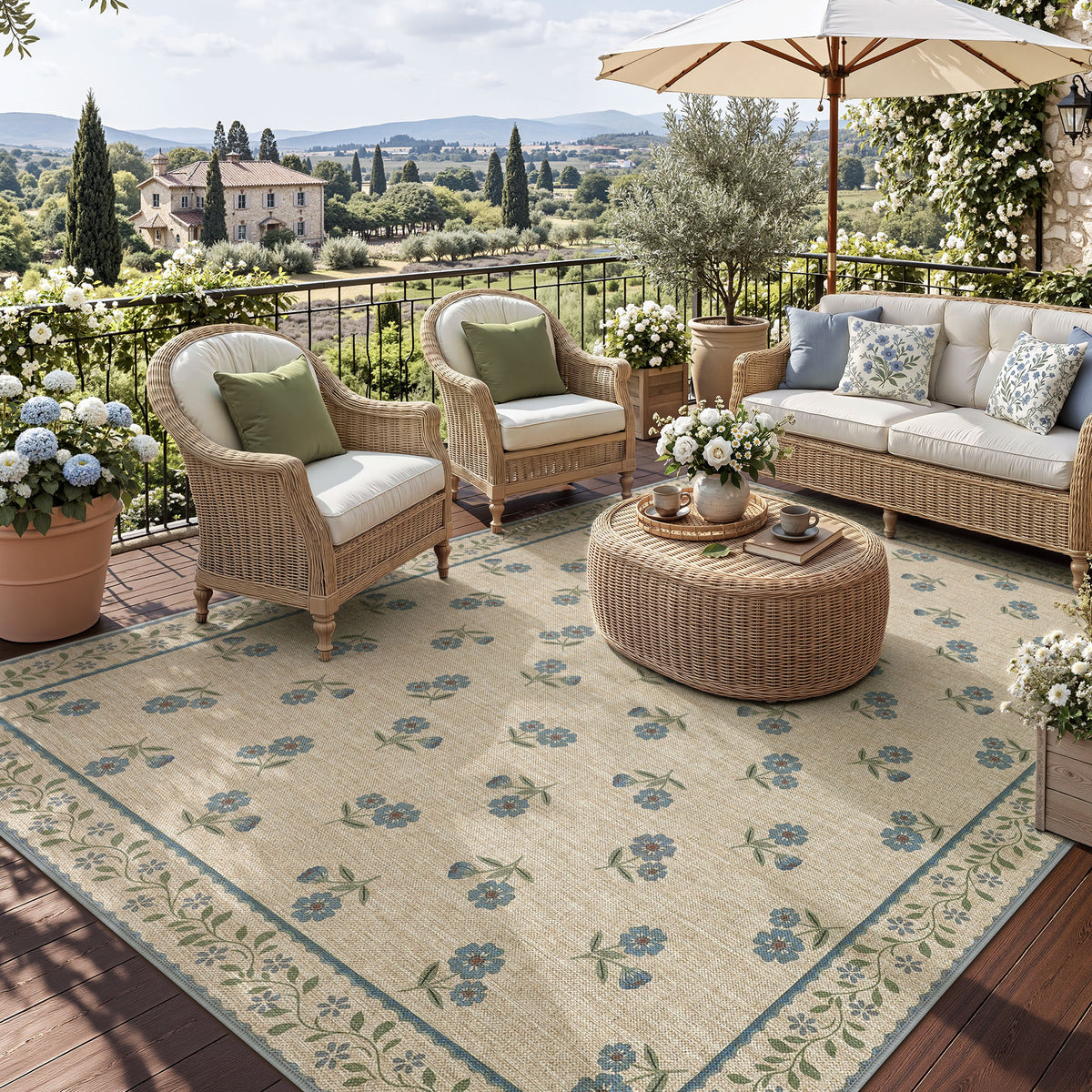 Farmhouse Floral Easy Jute Rug Washable Indoor Outdoor Low-Pile Area Rug