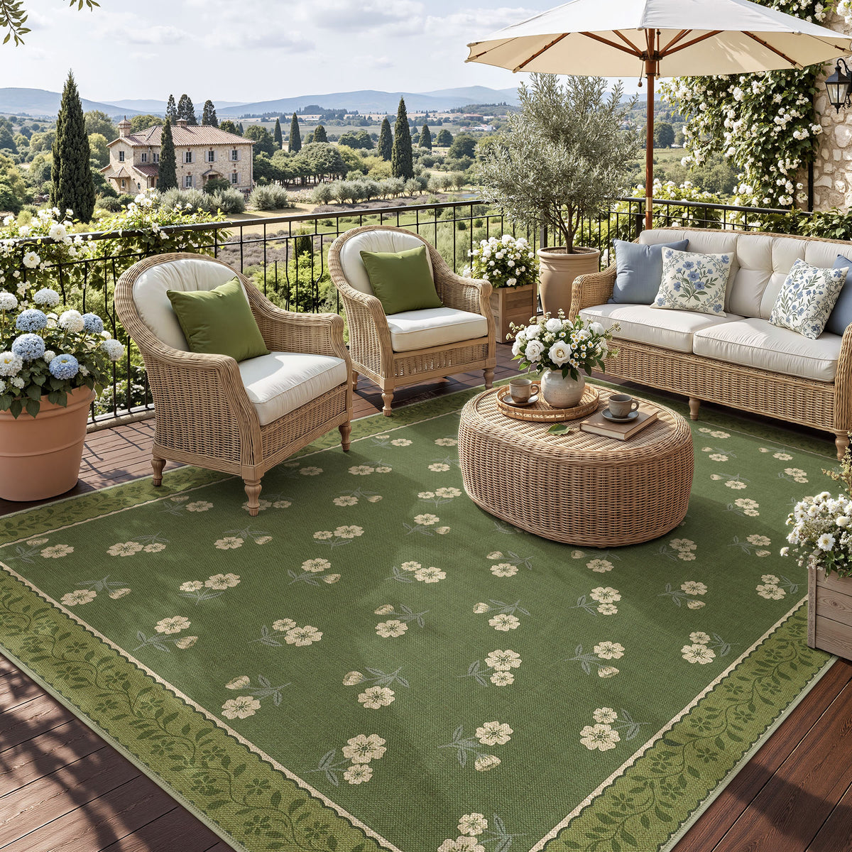 Farmhouse Floral Easy Jute Rug Washable Indoor Outdoor Low-Pile Area Rug