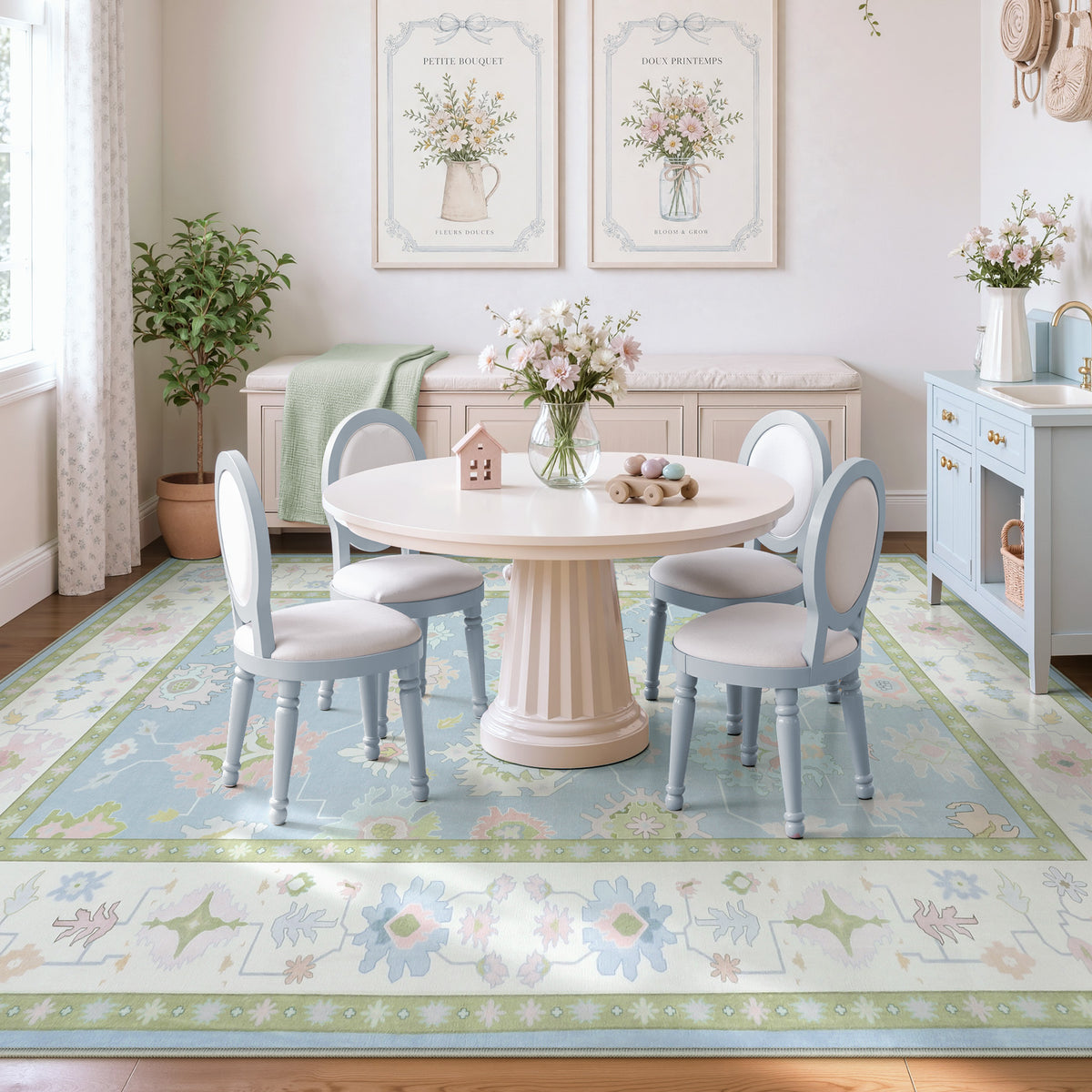 5x7/8x10/9x12 Boho Oushak Area Rug, Floral Washable Non Slip Low Pile Area Rug, Oeko-Tex Certified
