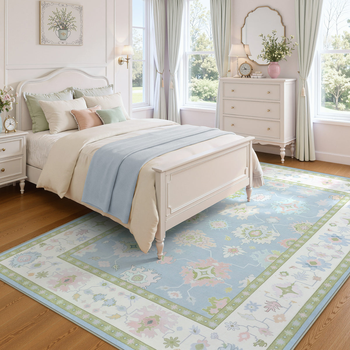 5x7/8x10/9x12 Boho Oushak Area Rug, Floral Washable Non Slip Low Pile Area Rug, Oeko-Tex Certified