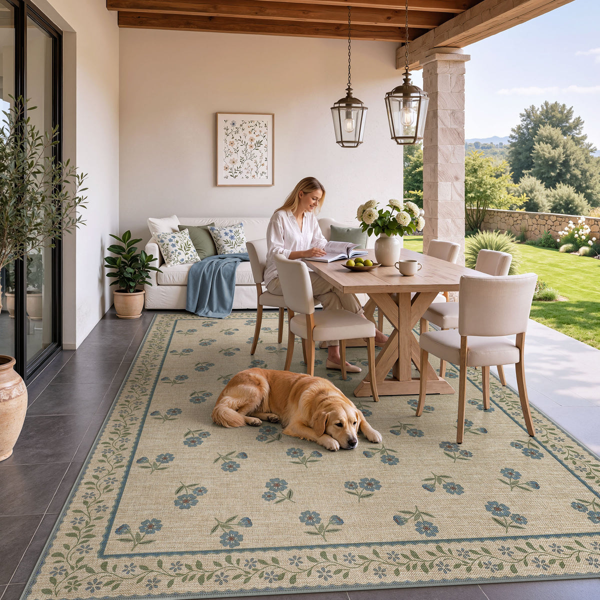 Farmhouse Floral Easy Jute Rug Washable Indoor Outdoor Low-Pile Area Rug