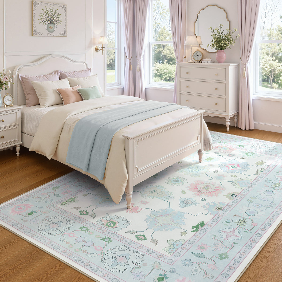 5x7/8x10/9x12 Boho Oushak Area Rug, Floral Washable Non Slip Low Pile Area Rug, Oeko-Tex Certified