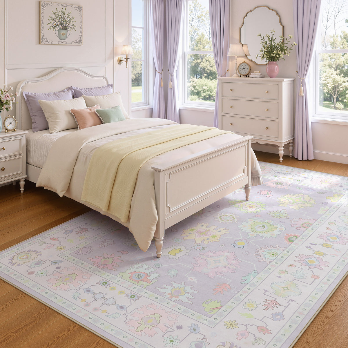 5x7/8x10/9x12 Boho Oushak Area Rug, Floral Washable Non Slip Low Pile Area Rug, Oeko-Tex Certified