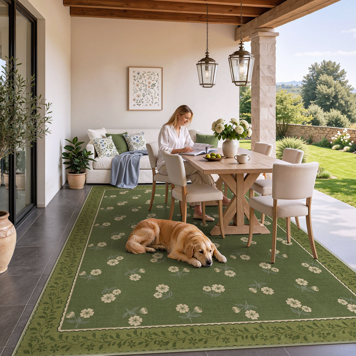 Farmhouse Floral Easy Jute Rug Washable Indoor Outdoor Low-Pile Area Rug