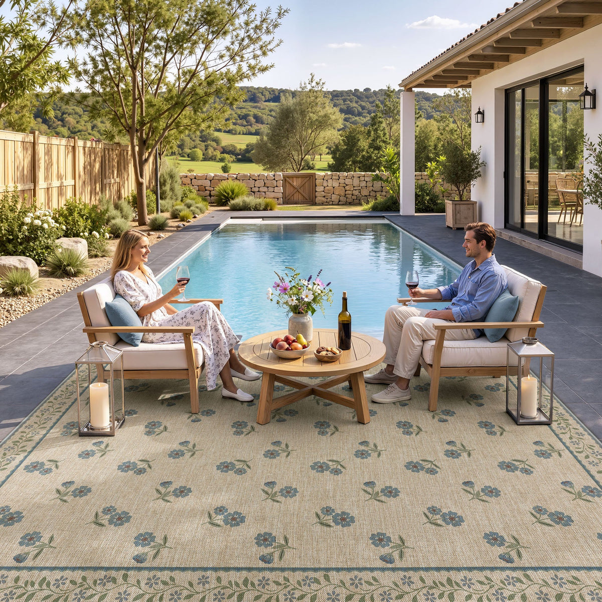 Farmhouse Floral Easy Jute Rug Washable Indoor Outdoor Low-Pile Area Rug