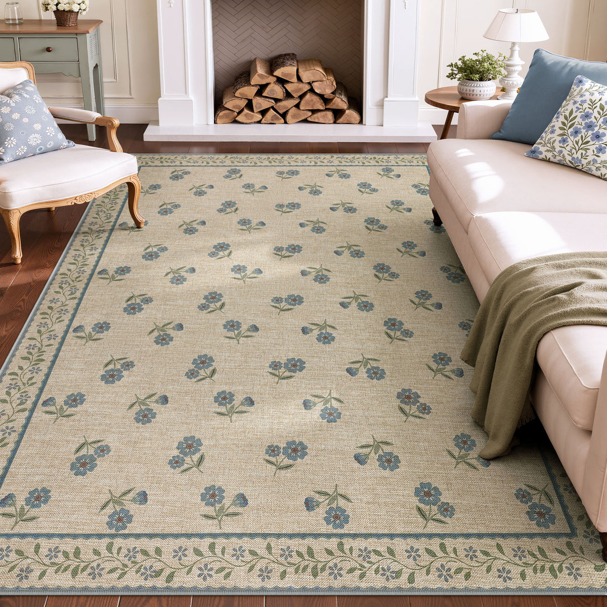 Farmhouse Floral Easy Jute Rug Washable Indoor Outdoor Low-Pile Area Rug