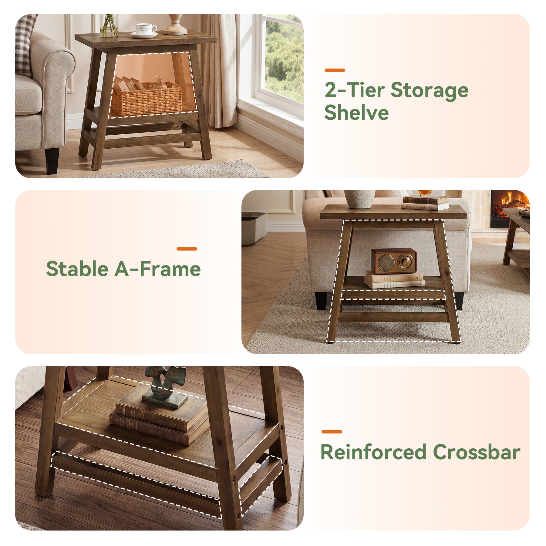 2-Tier Small Side Table, Farmhouse Rectangular Nightstand for Living Room, Bedroom