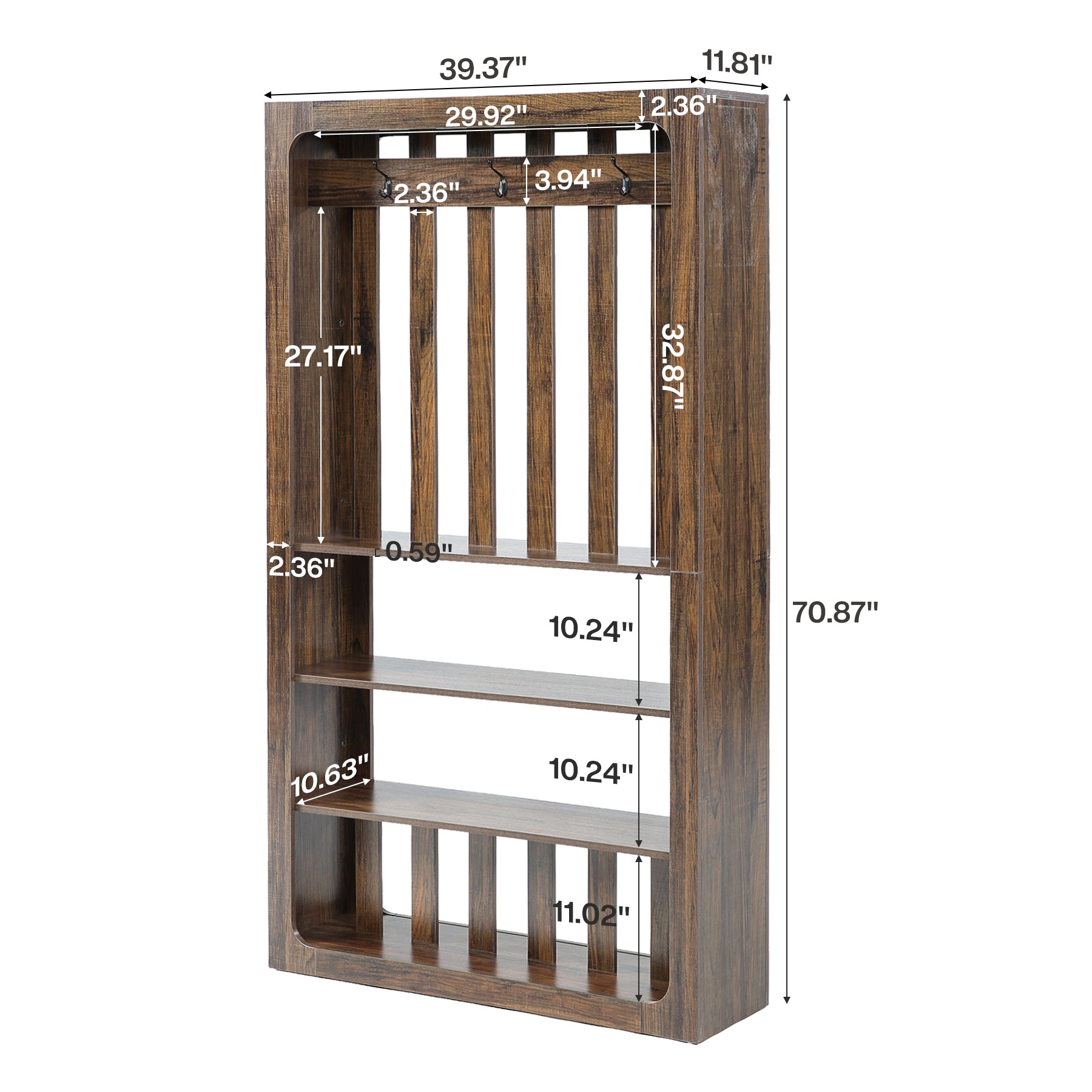 70.9" Room Divider Bookcase with Shelves & Coat Hooks, Freestanding Wood Wall Partition for Home Office