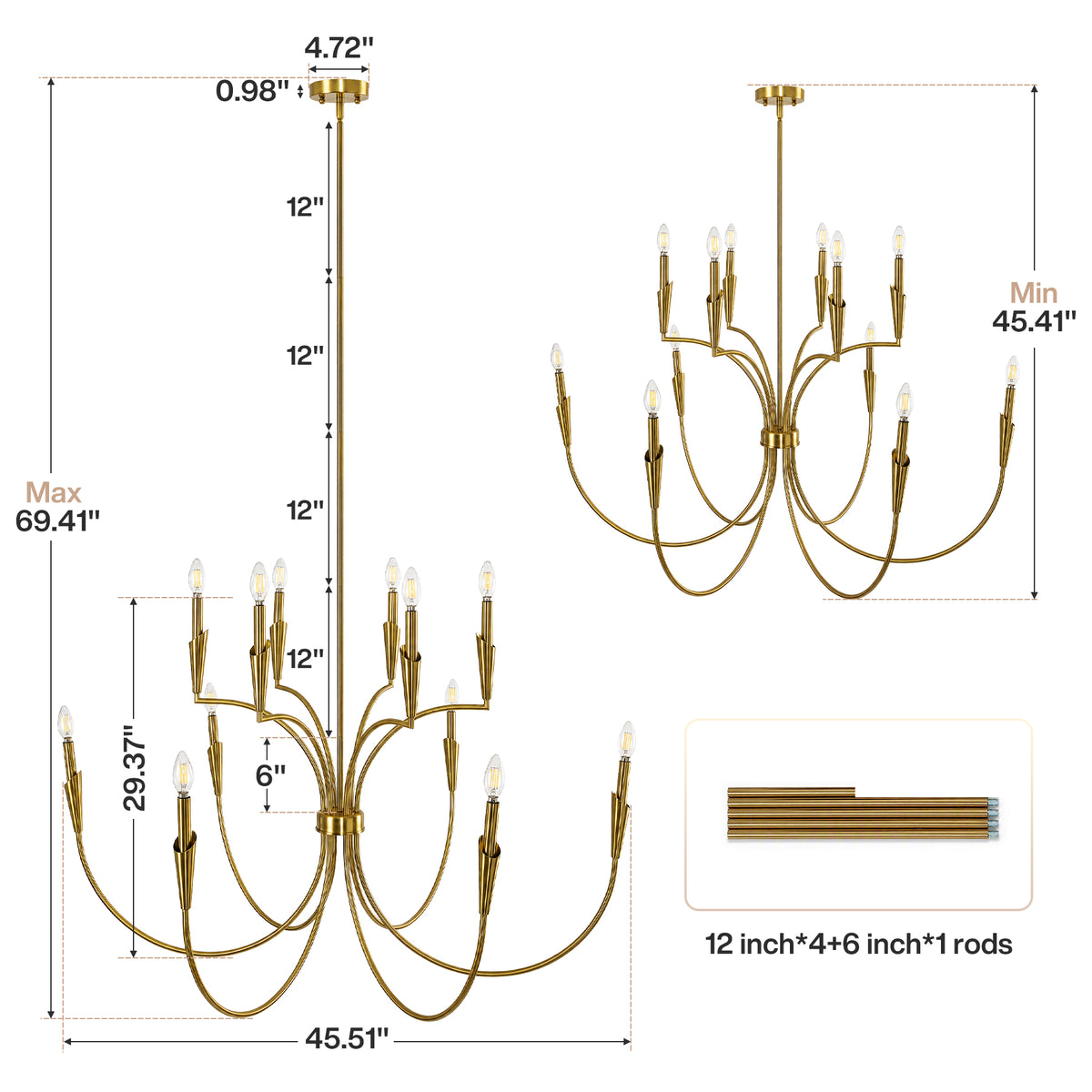 12-Light 45.5" Gold Chandelier, Modern Farmhouse Pendant Lighting