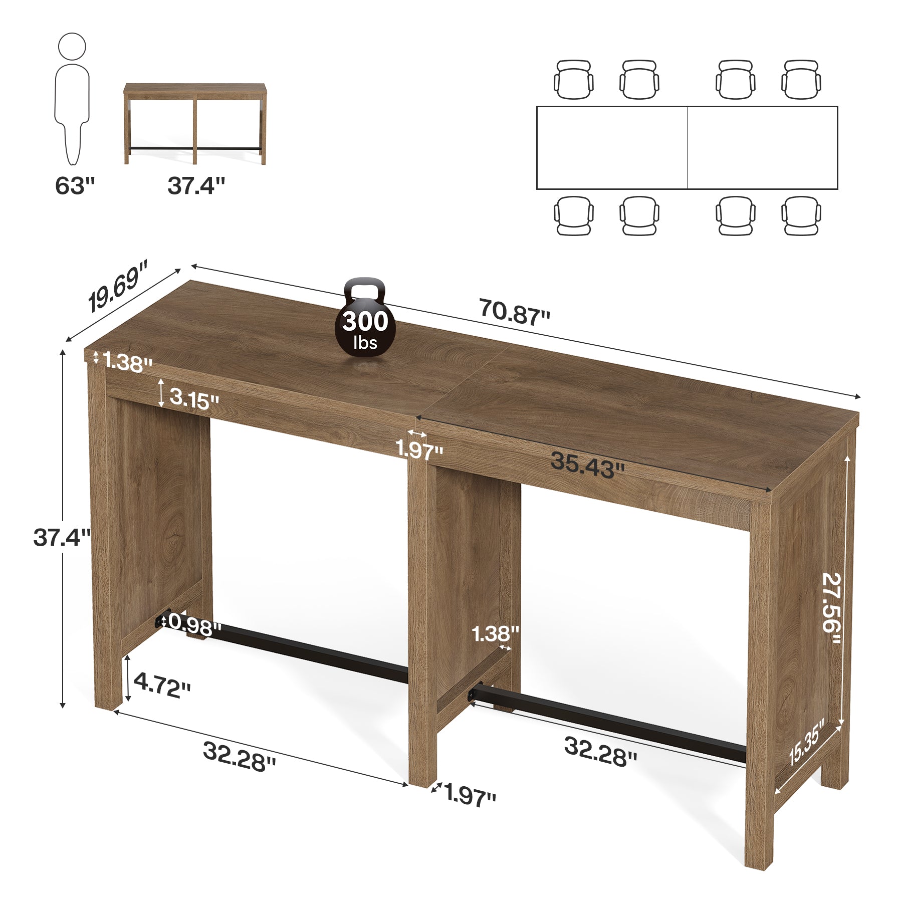 70.9" Farmhouse Bar Table for 4-6, Counter Height Pub Table with Metal Footrests