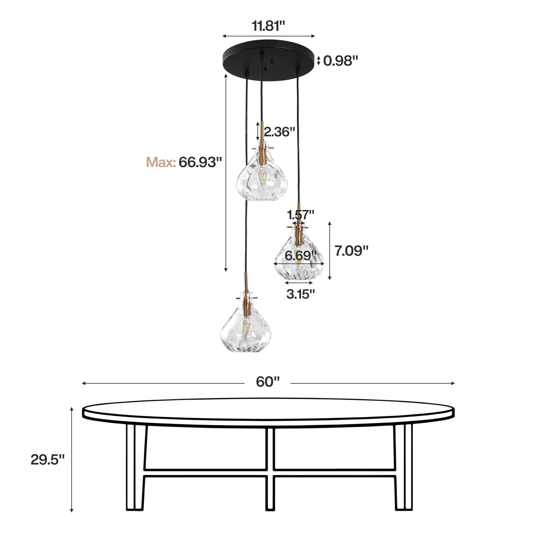 Modern 3-Light Pendant Lighting with Water Ripple Glass Shade, Kitchen Island Lighting with Adjustable Height