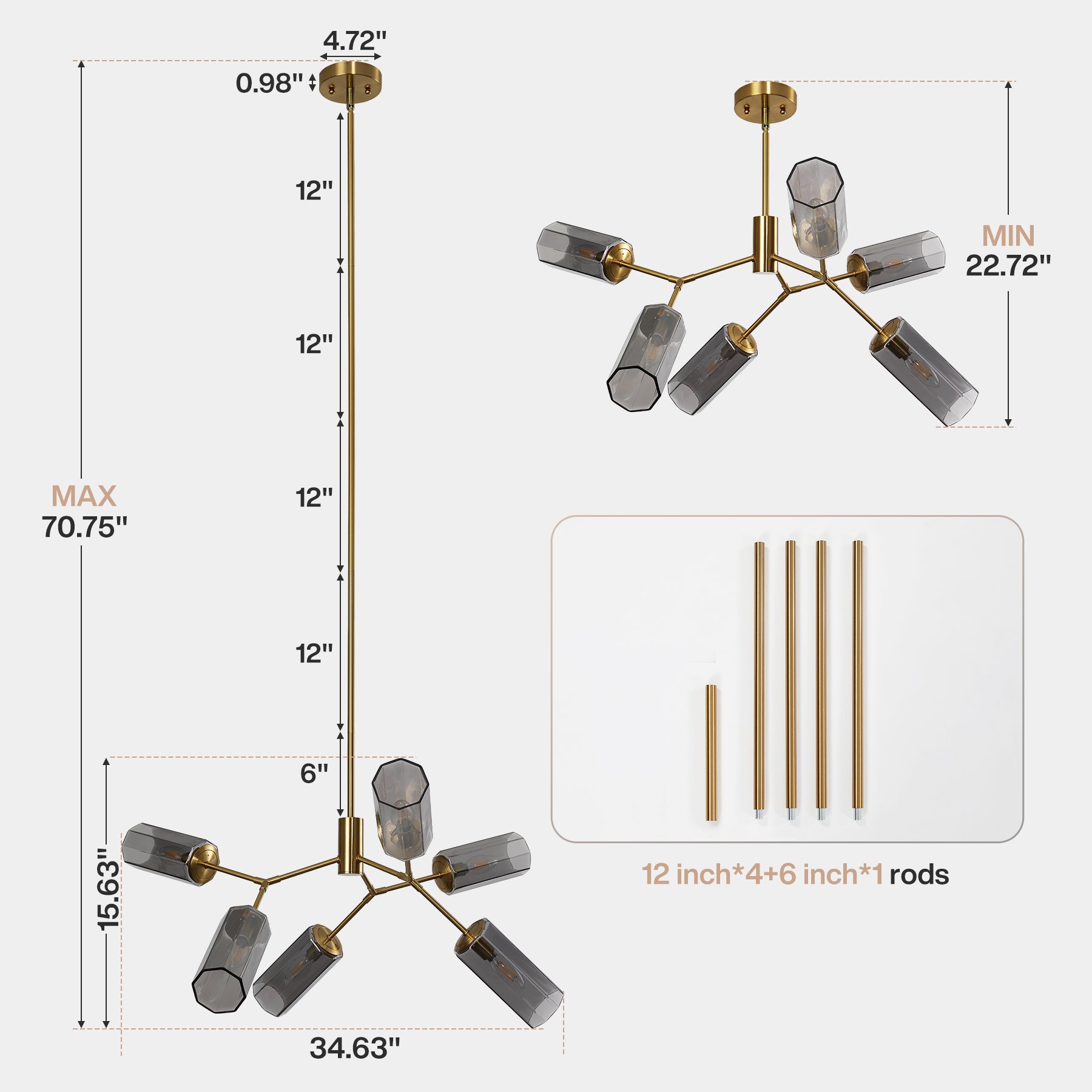 6-Light Branch Chandelier, Modern Adjustable-Height Pendant Lighting with Smoky Grey Glass