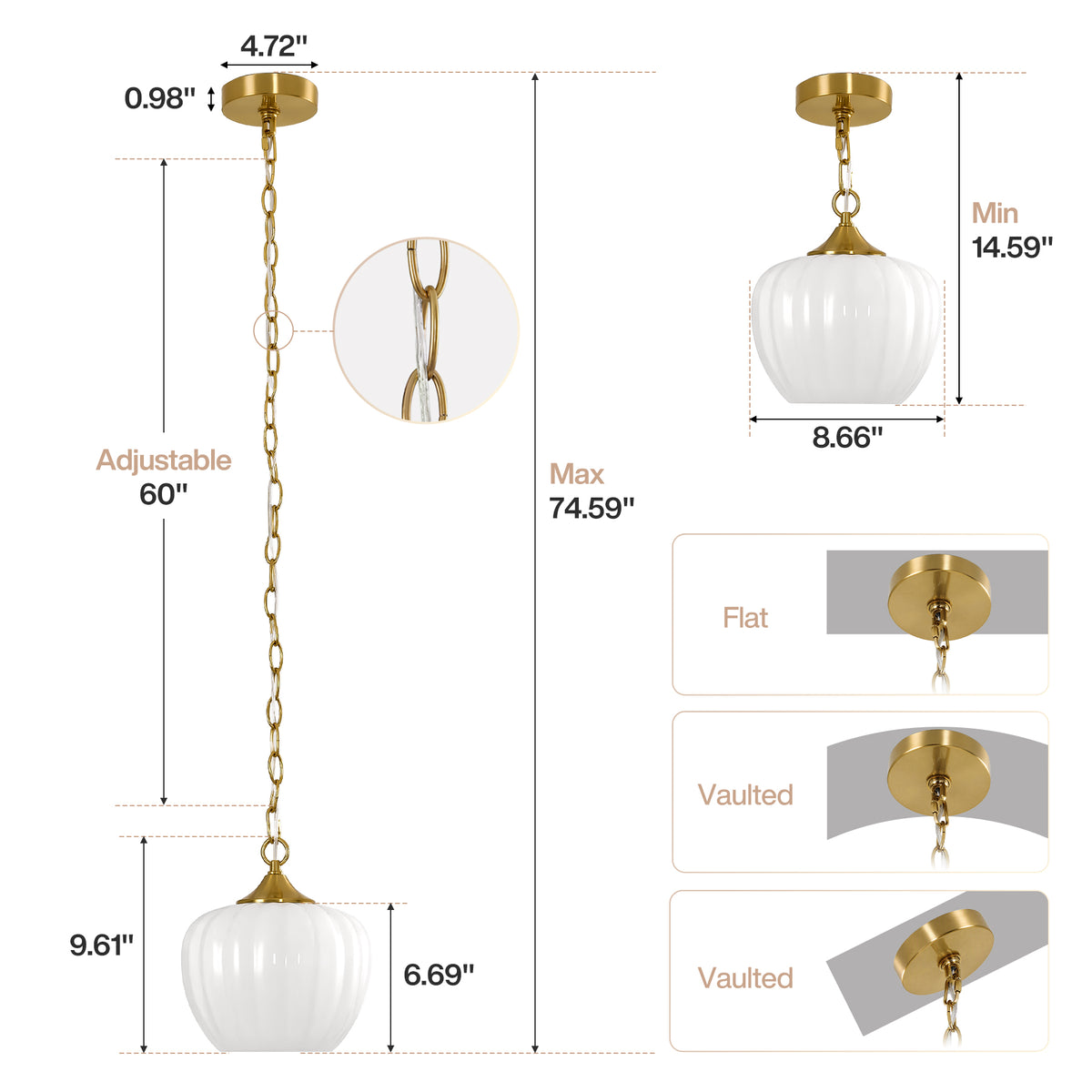 Milky White Ribbed Glass Pendant Light, Brass Adjustable Hanging Light