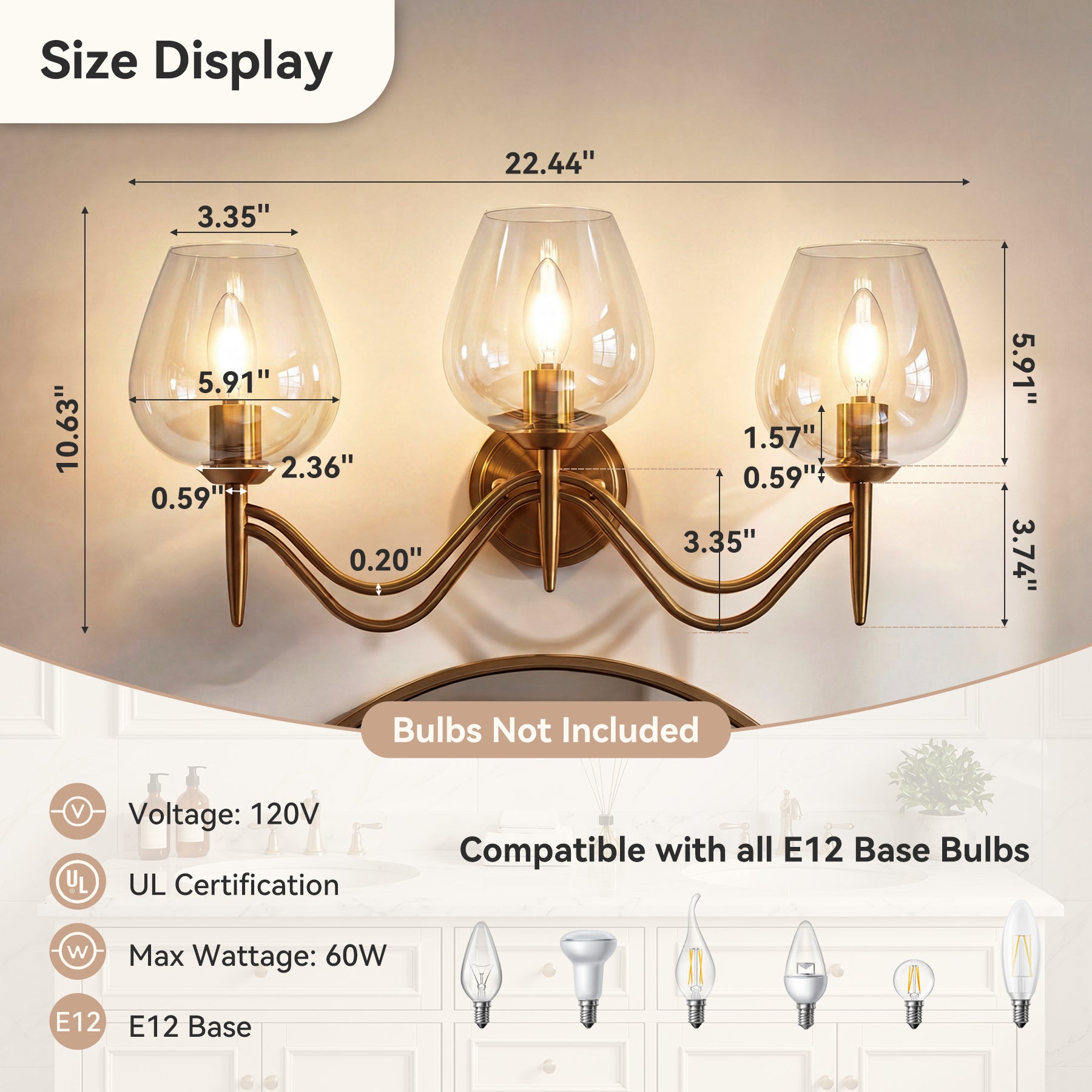 3-light Bathroom Vanity Light, Gold Metal & Clear Glass Wall Sconce With E12 Base