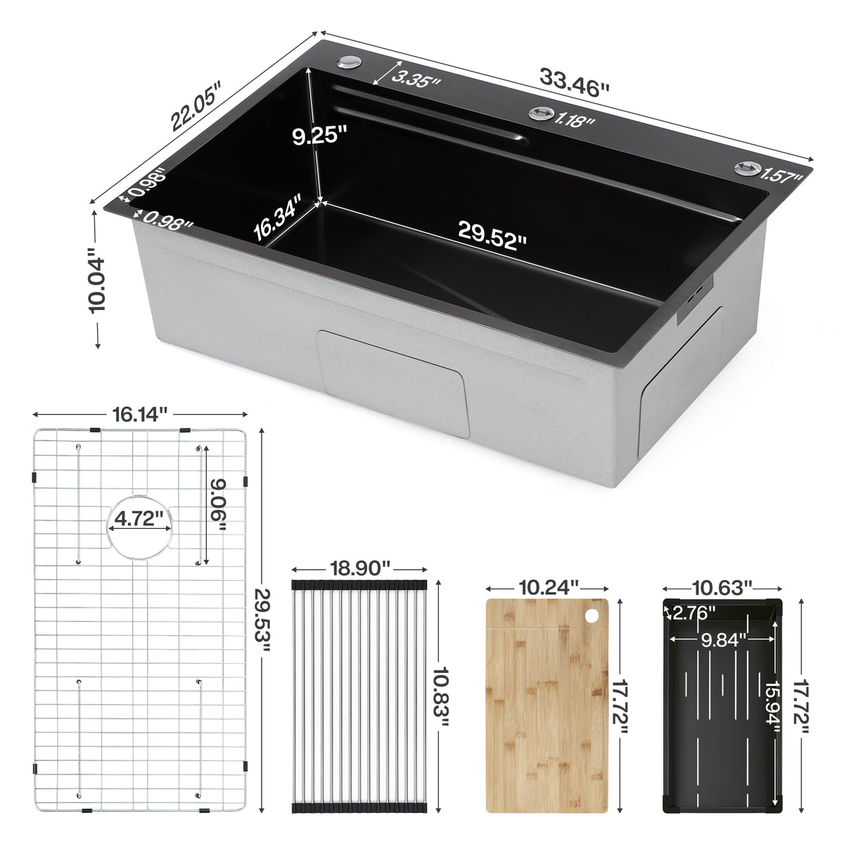 33x22 Inch Drop-In Kitchen Sink, 10" D Stainless Steel Sink w/Faucet, Nano Coating, Multiple Accessories