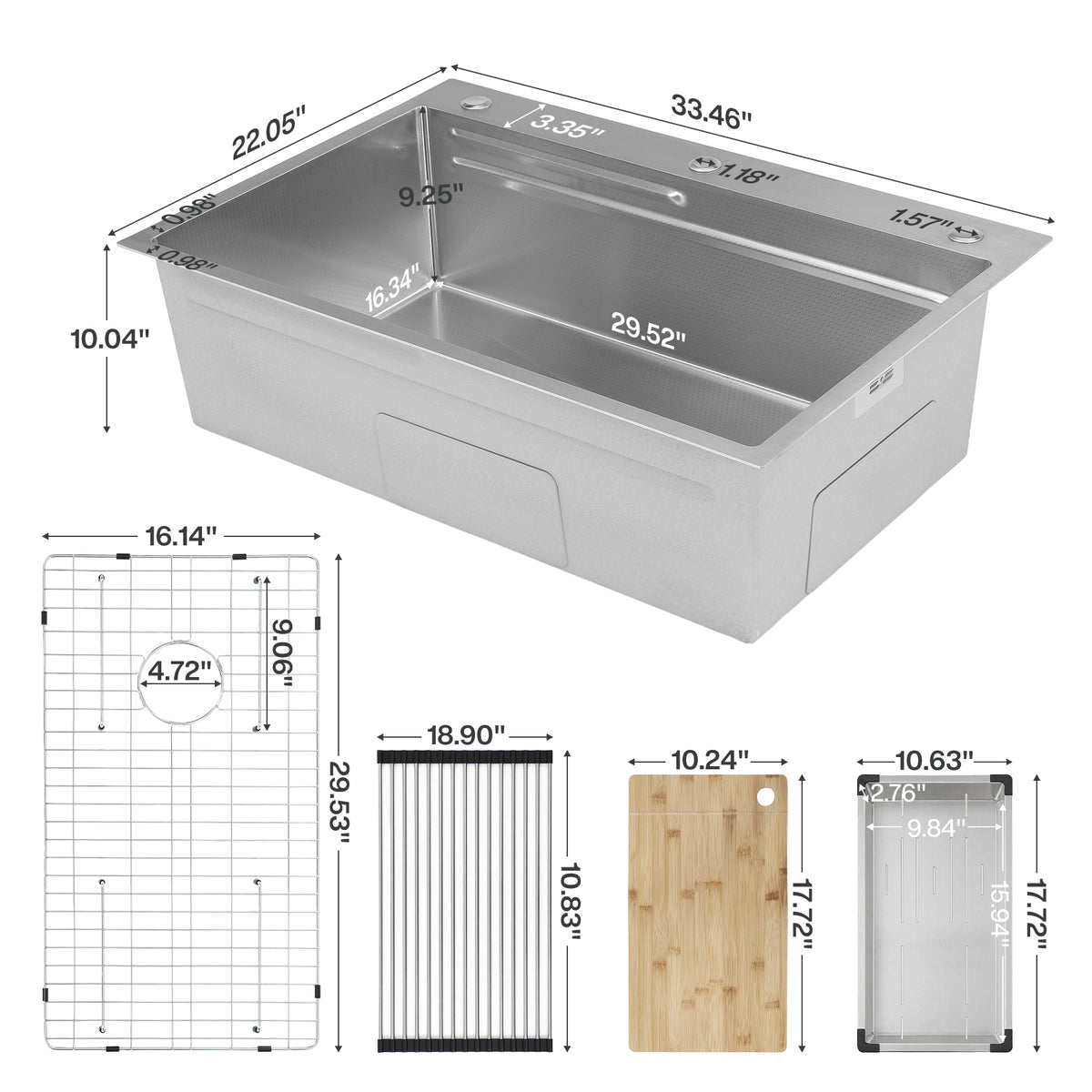 33x22 inch Drop In Kitchen Sink, 10" Deep Stainless Steel Sink with Multiple Accessories