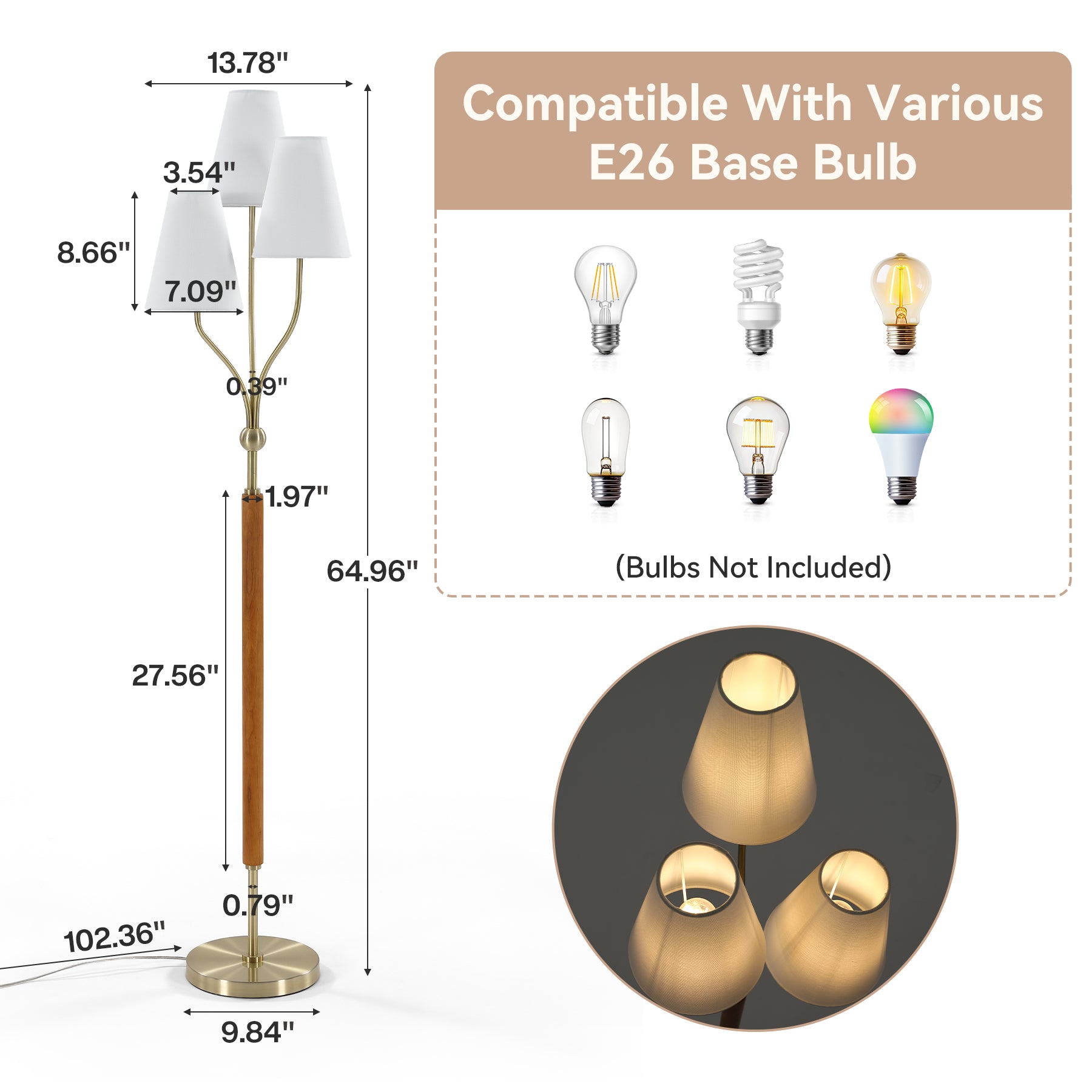 64.96" Height 3-Head Floor Lamp with Linen Fabric Shades, Natural Rubberwood Handle