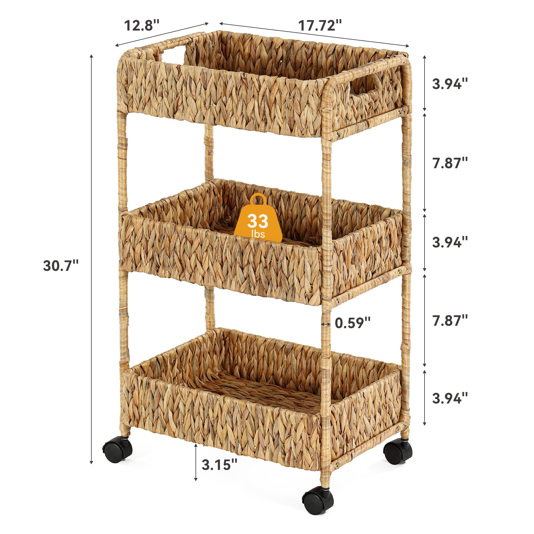 3-Tier Water Hyacinth Rolling Cart, Utility Storage Cart with Wheels for Bathroom Kitchen