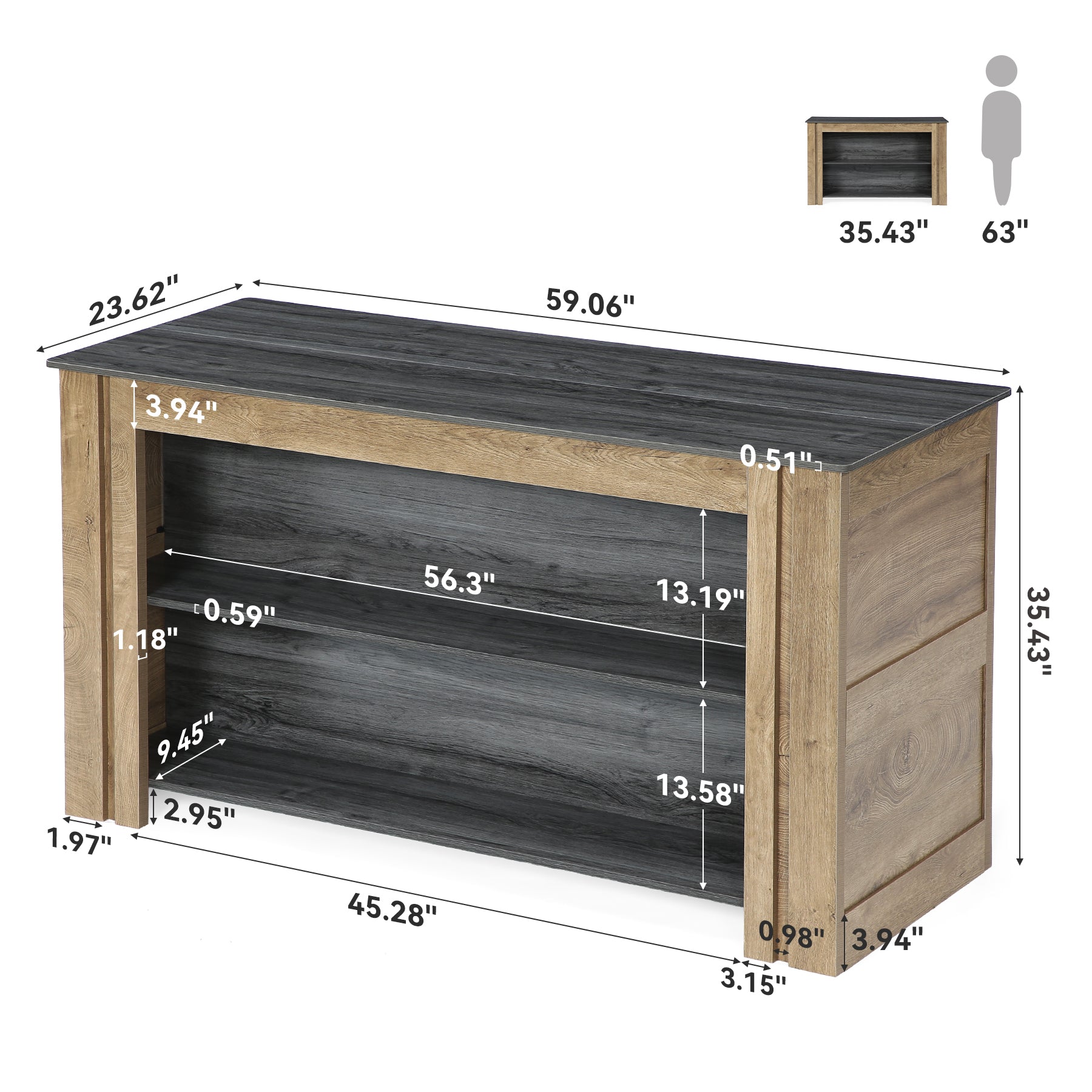 59" Kitchen Island, 3-Tier Farmhouse Coffee Bar Table with Large Worktop & Storage