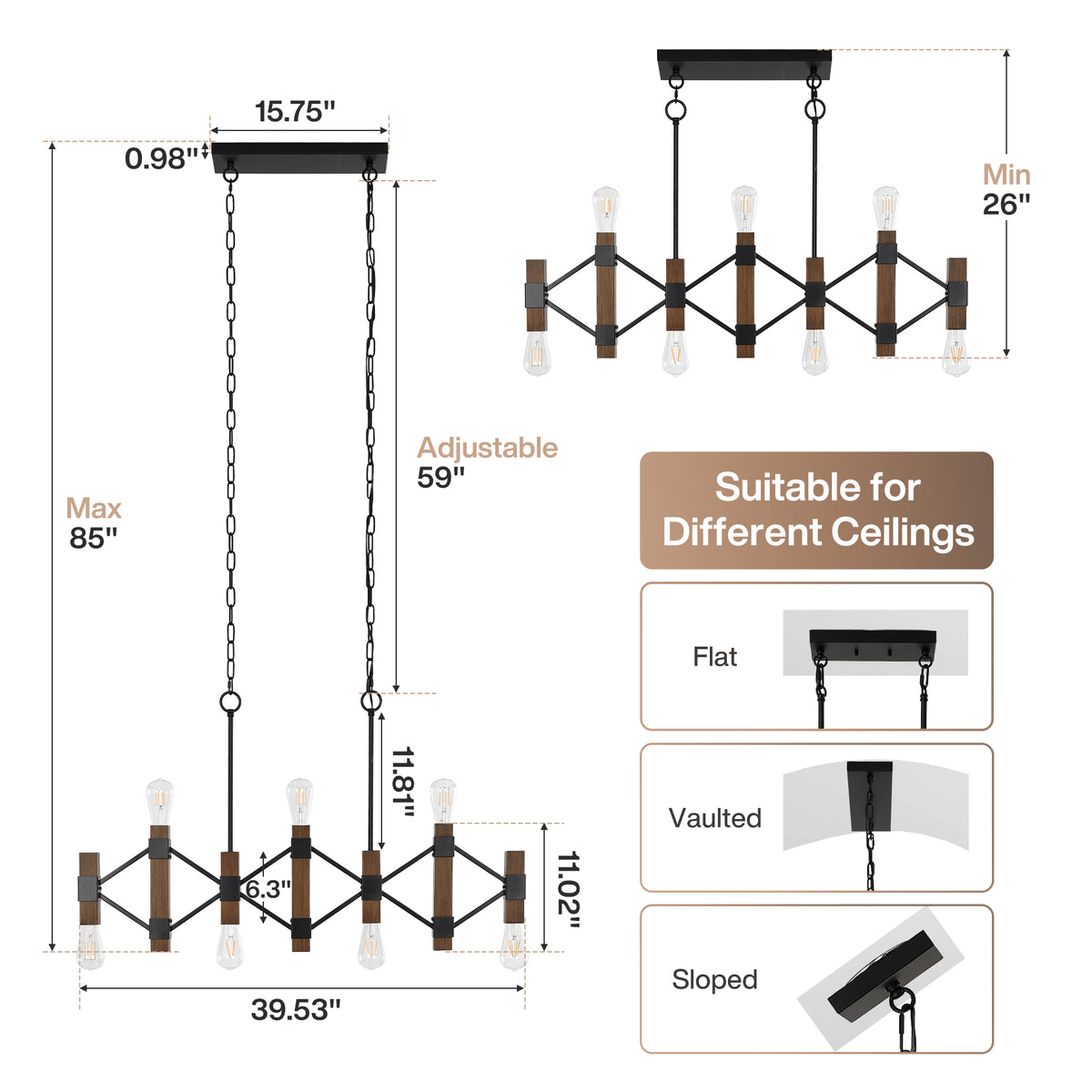 7-Light Farmhouse Linear Chandelier, Faux Wood Pendant Light with Black Metal