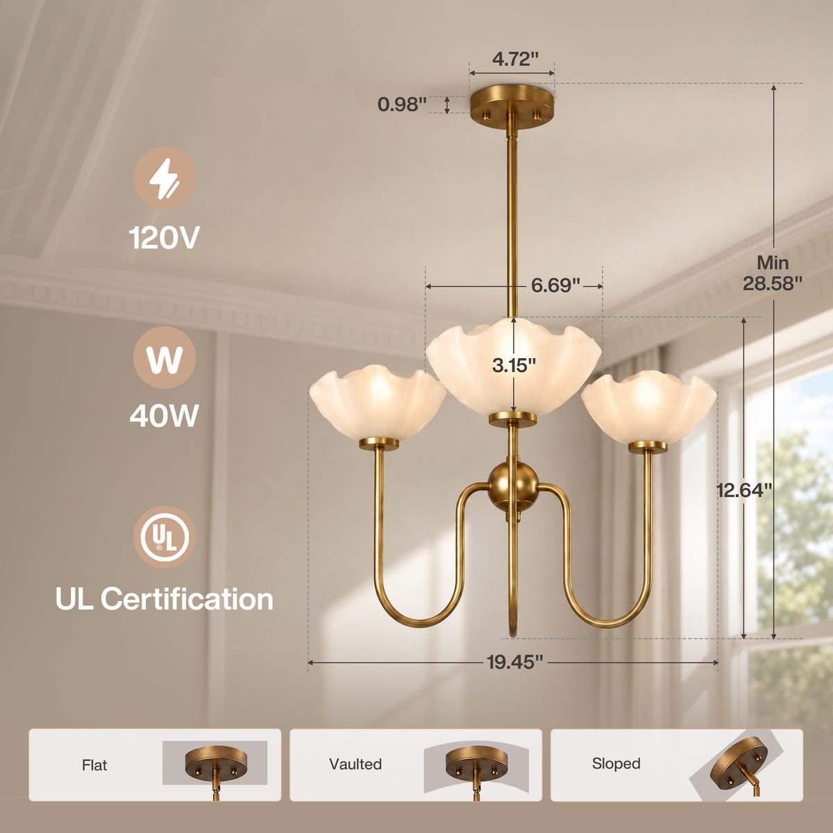 3-Light 20" Gold Floral Glass Chandelier, Modern Pendant Light