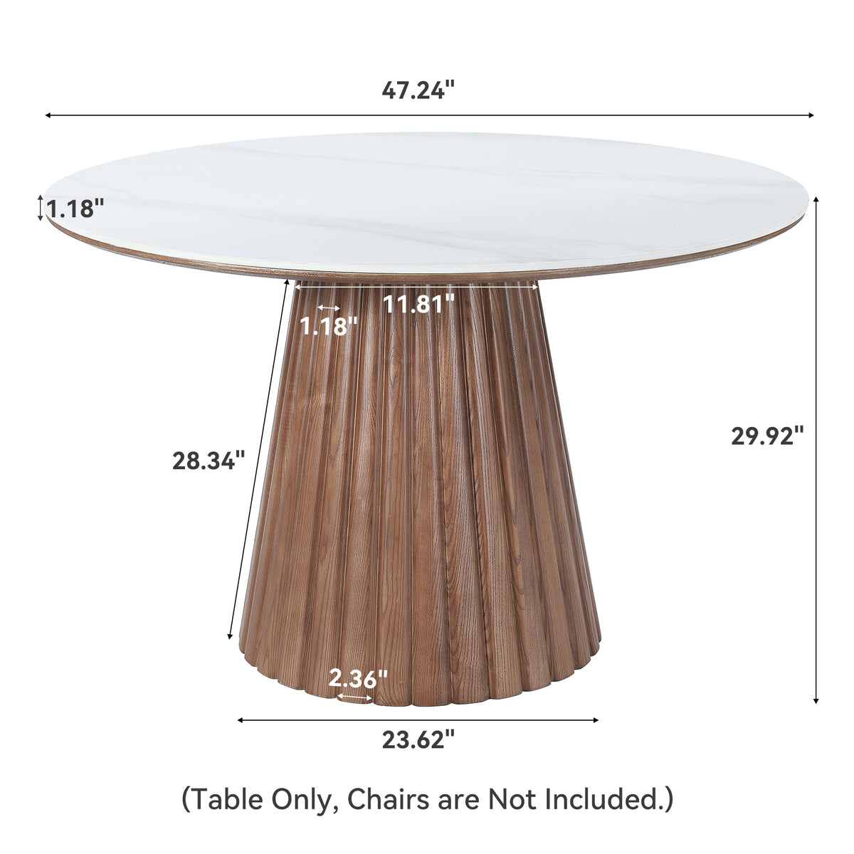 Round Sintered Stone Dining Table for 4 People, 47" Kitchen Table with Fluted Conical Pedestal
