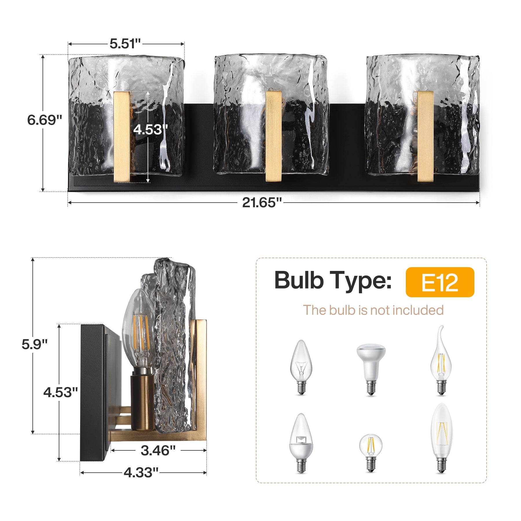 3‑Light Bathroom Light Fixtures, Modern Vanity Light with Smoky Gray Water Ripple Glass