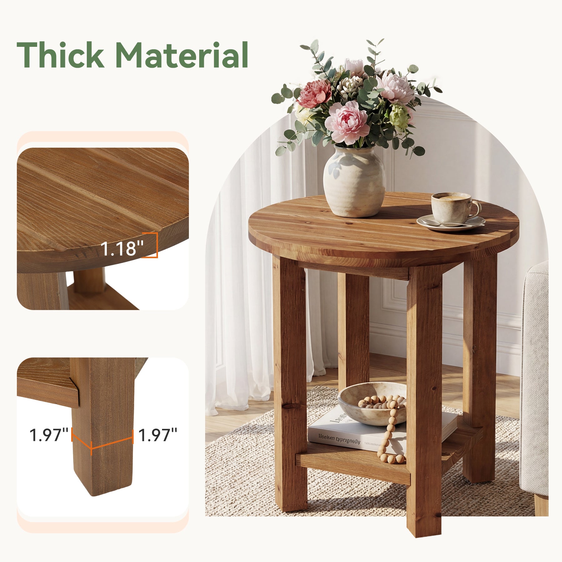 2-Tier End Table, Solid Wood Round Side Table with Grooved Textured Tabletop