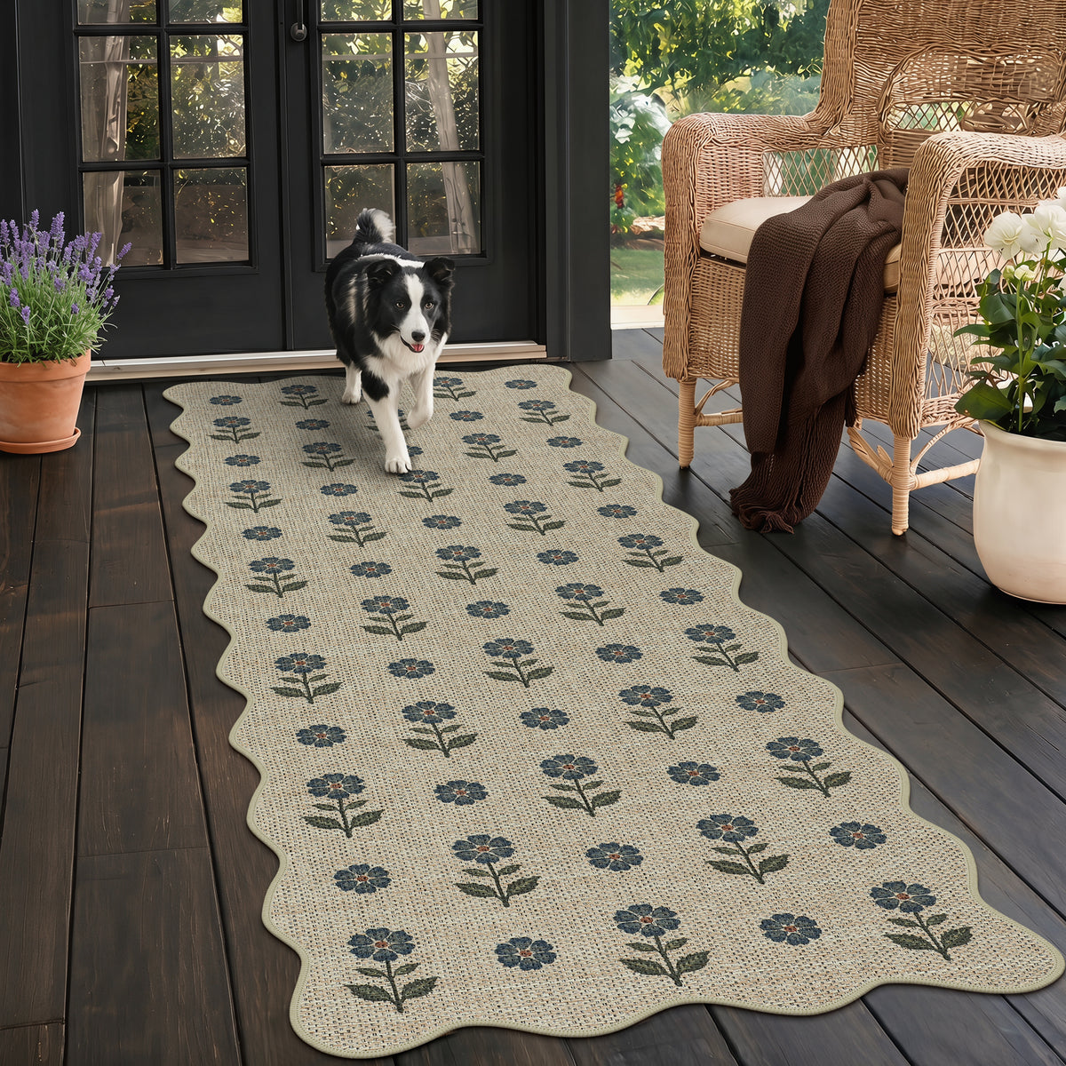 Floral Easy Jute Hallway Runner Rug, Scalloped Kitchen Runner Rug Non Skid Washable Indoor Carpet, Oeko-Tex Certified