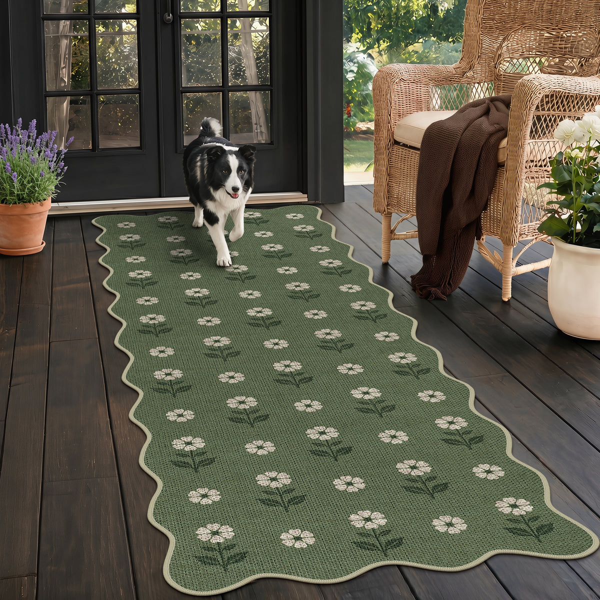 Tribesigns Hallway Tan Green Scalloped Easy Jute Kitchen Runner Rug