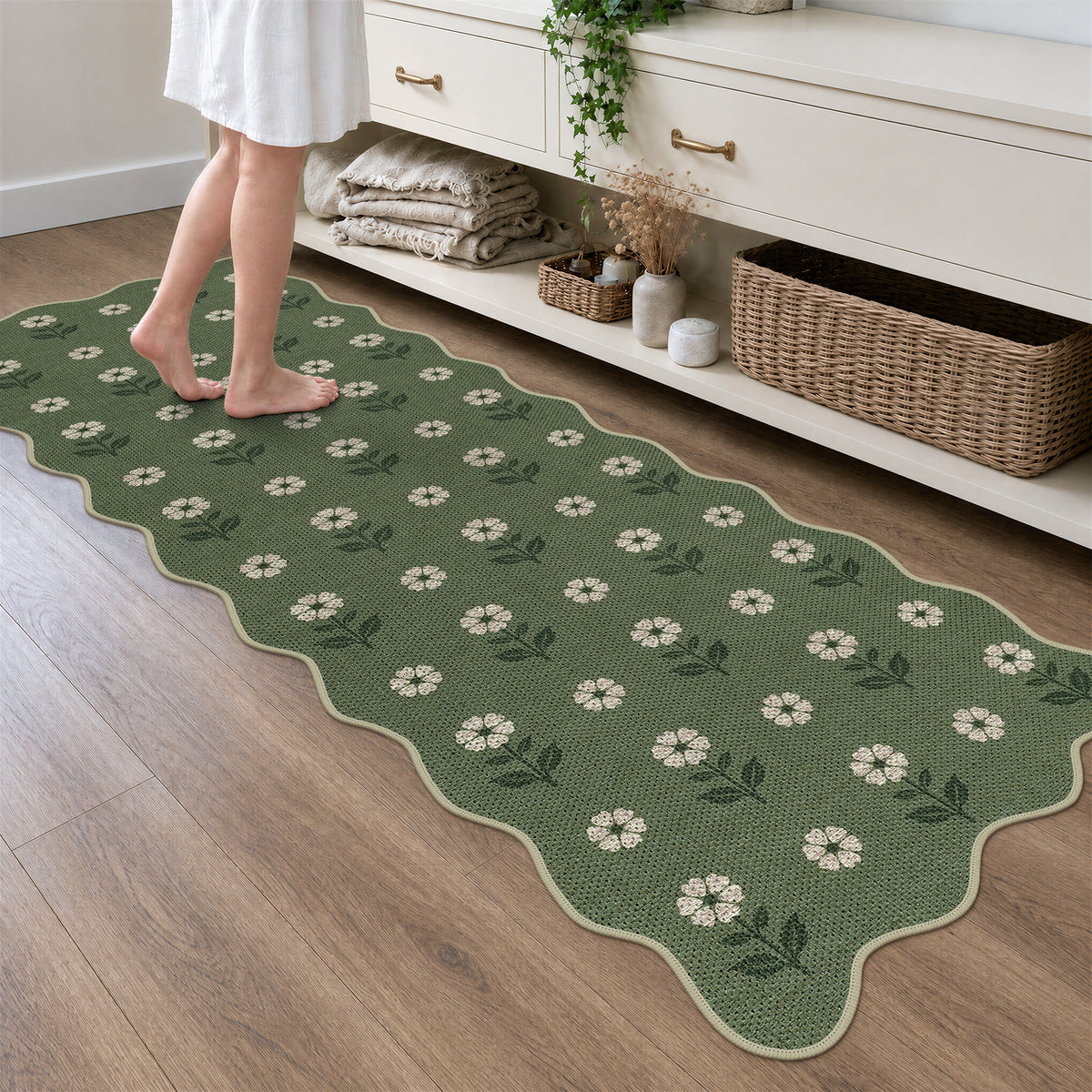 Tribesigns Hallway Tan Green Scalloped Easy Jute Kitchen Runner Rug