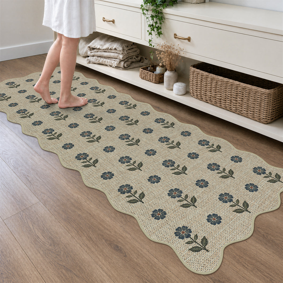 Tribesigns Hallway Tan Green Scalloped Easy Jute Kitchen Runner Rug