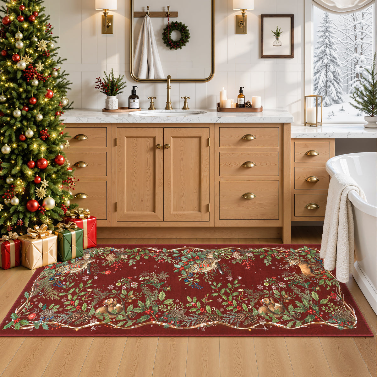 Christmas Tree Area Rug - Washable Non-Slip Holiday Carpet for Living Room Bedroom