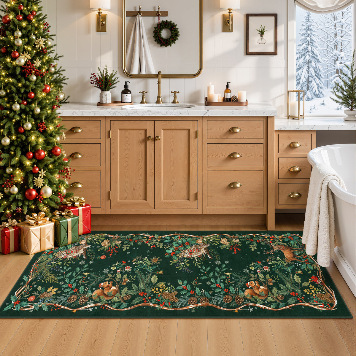 Christmas Tree Area Rug - Washable Non-Slip Holiday Carpet for Living Room Bedroom