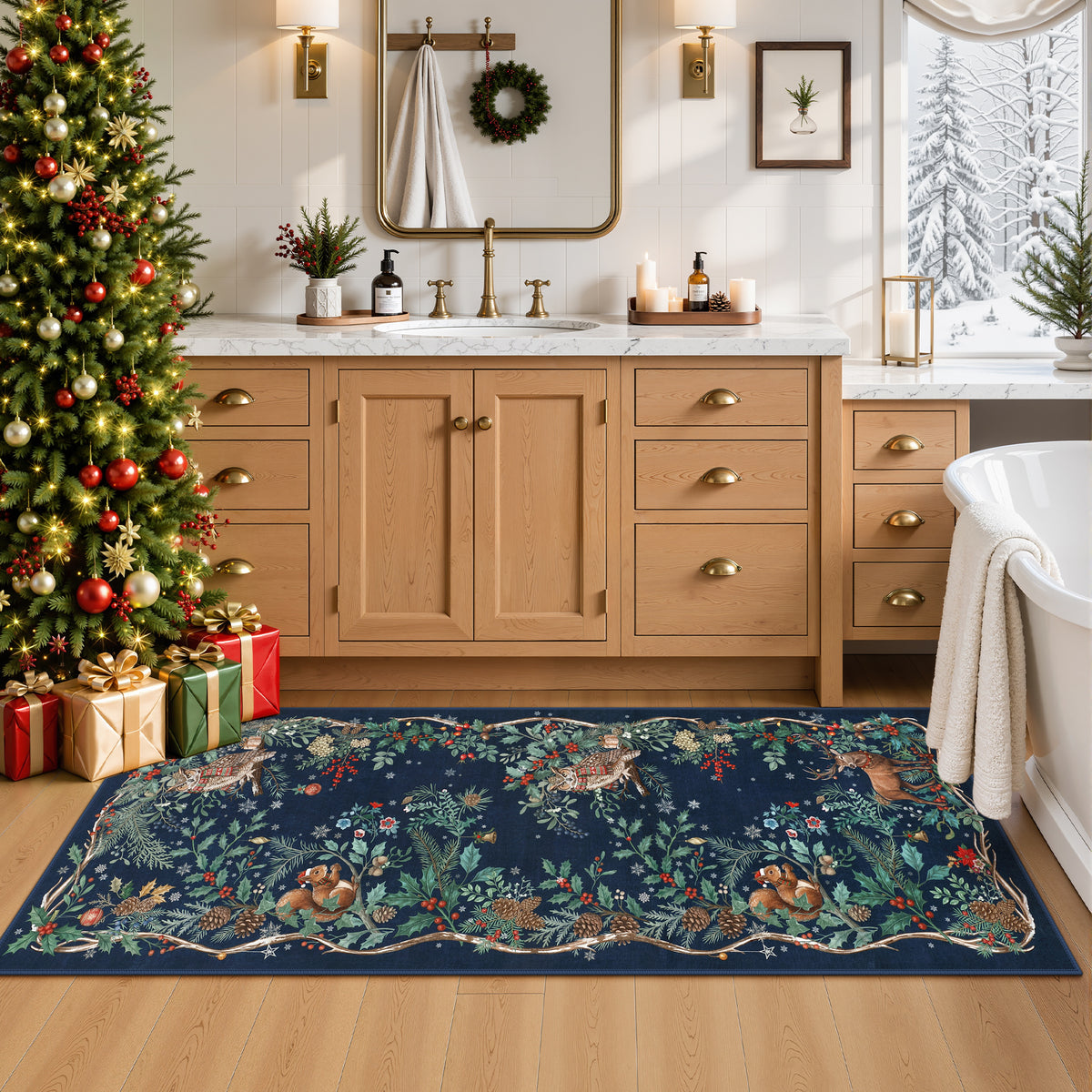 Christmas Tree Area Rug - Washable Non-Slip Holiday Carpet for Living Room Bedroom