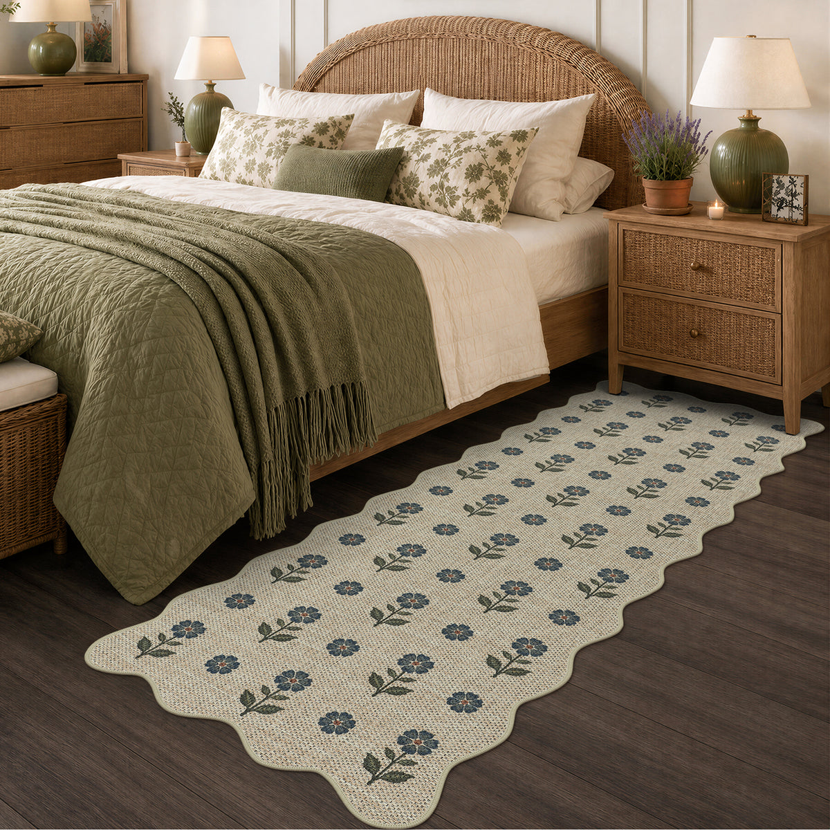 Tribesigns Hallway Tan Green Scalloped Easy Jute Kitchen Runner Rug