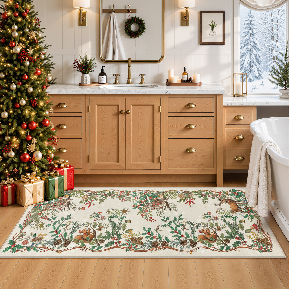 Christmas Tree Area Rug - Washable Non-Slip Holiday Carpet for Living Room Bedroom