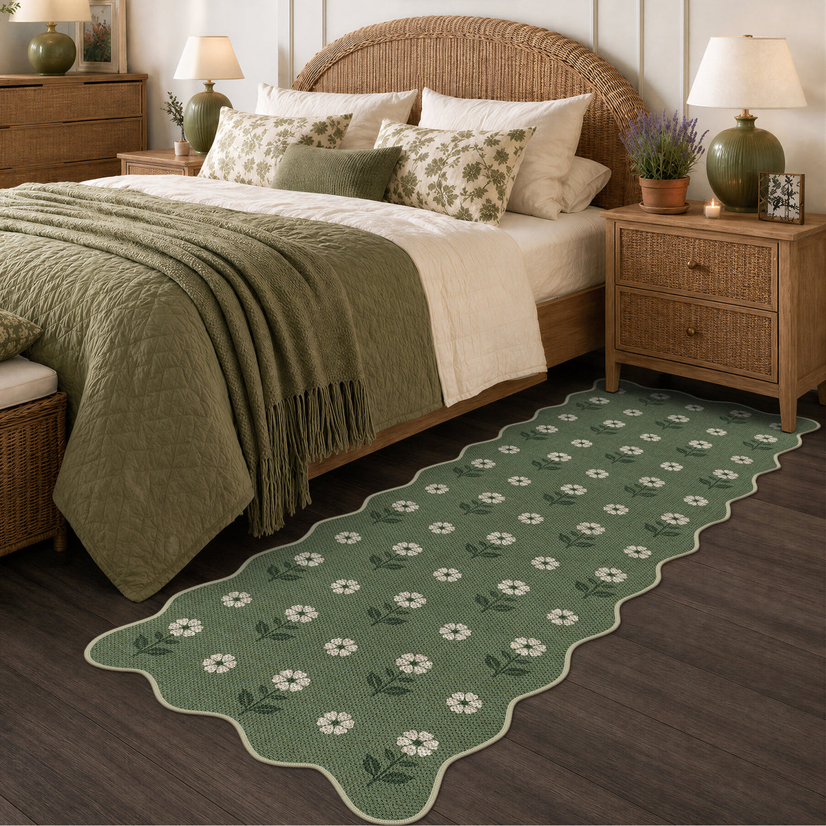 Tribesigns Hallway Tan Green Scalloped Easy Jute Kitchen Runner Rug
