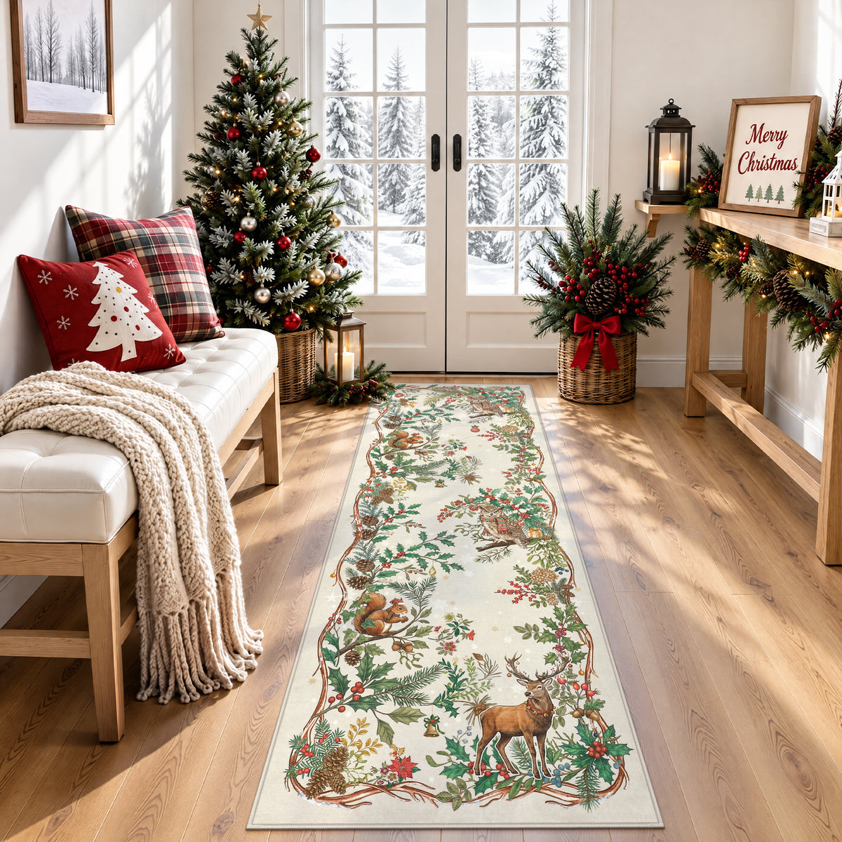 Christmas Tree Area Rug - Washable Non-Slip Holiday Carpet for Living Room Bedroom