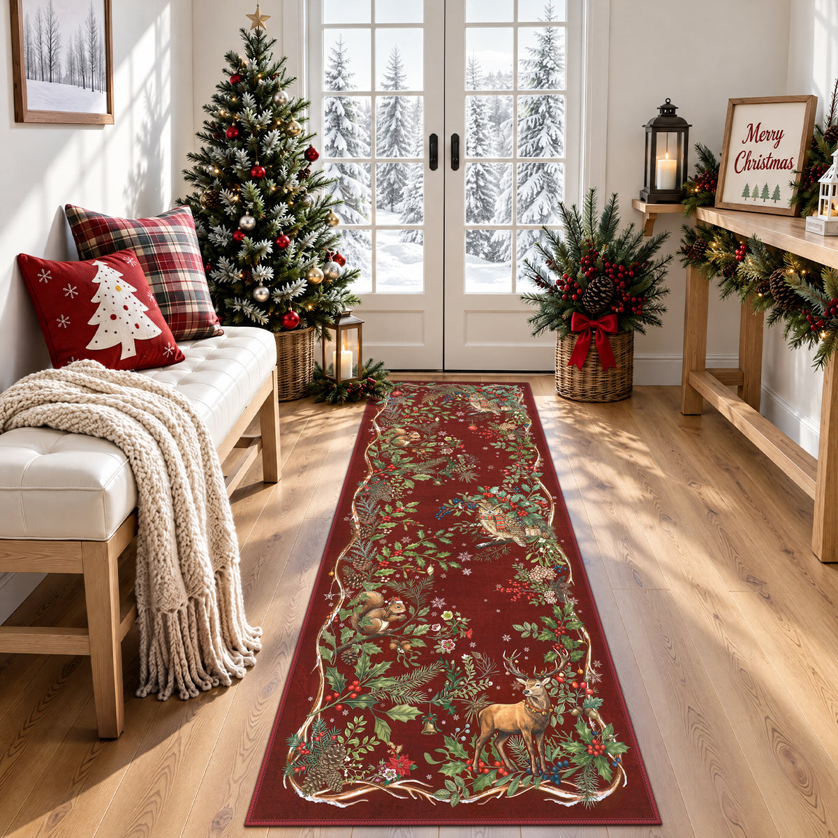 Christmas Tree Area Rug - Washable Non-Slip Holiday Carpet for Living Room Bedroom