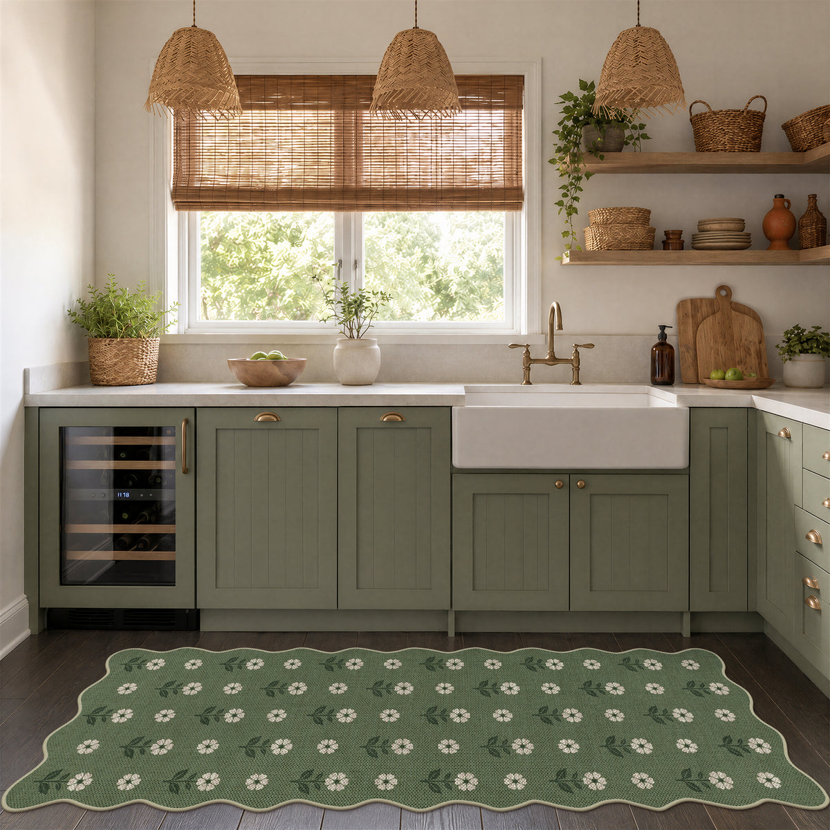 Tribesigns Hallway Tan Green Scalloped Easy Jute Kitchen Runner Rug