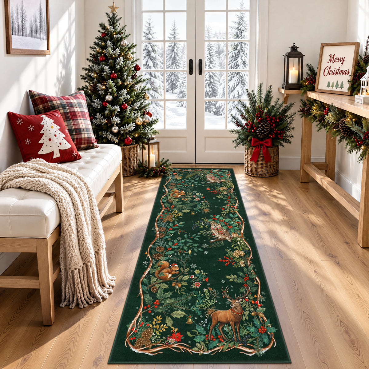 Christmas Tree Area Rug - Washable Non-Slip Holiday Carpet for Living Room Bedroom