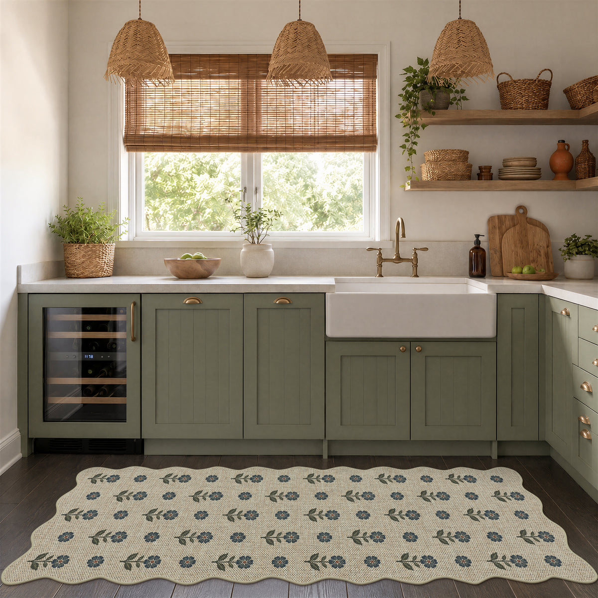 Tribesigns Hallway Tan Green Scalloped Easy Jute Kitchen Runner Rug