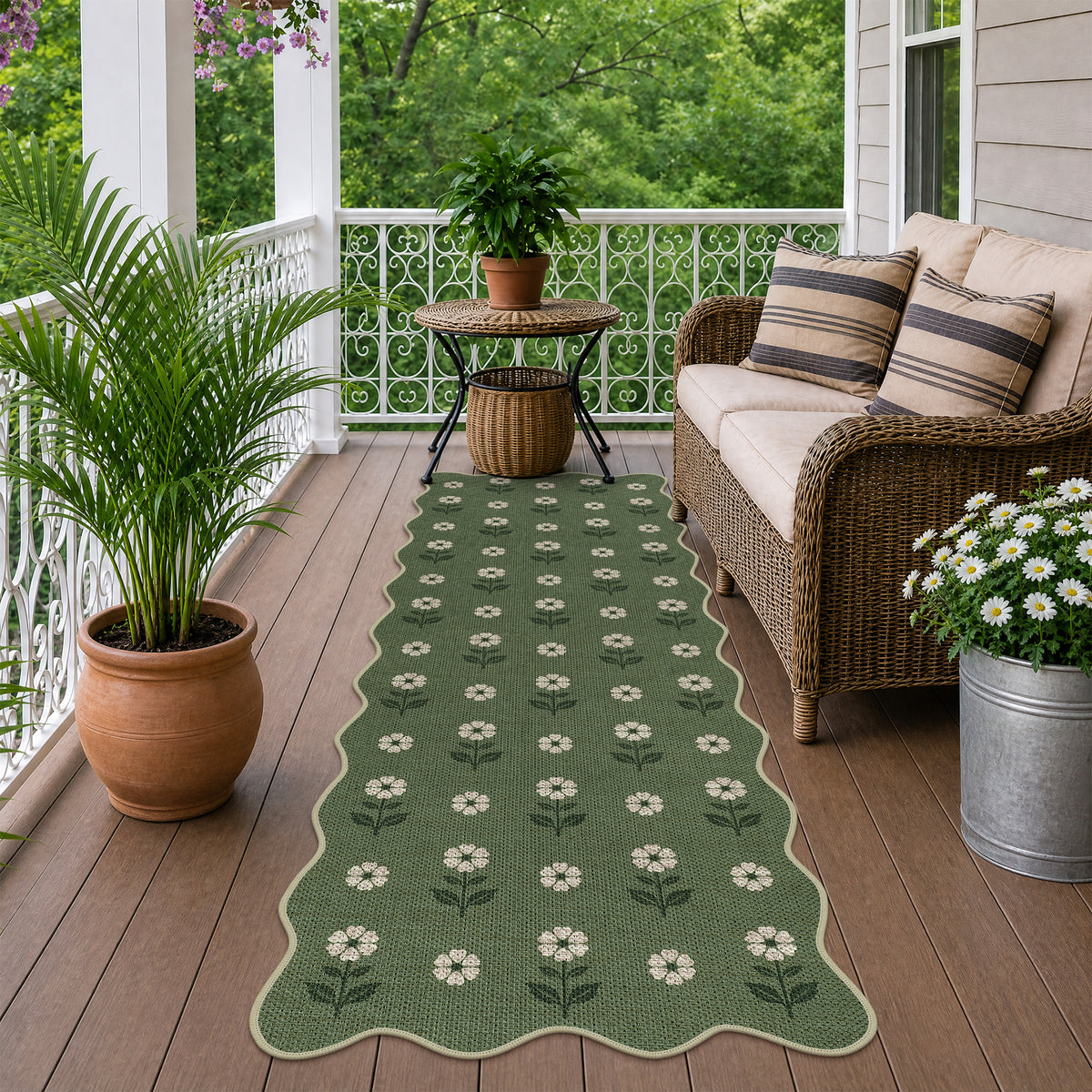 Tribesigns Hallway Tan Green Scalloped Easy Jute Kitchen Runner Rug