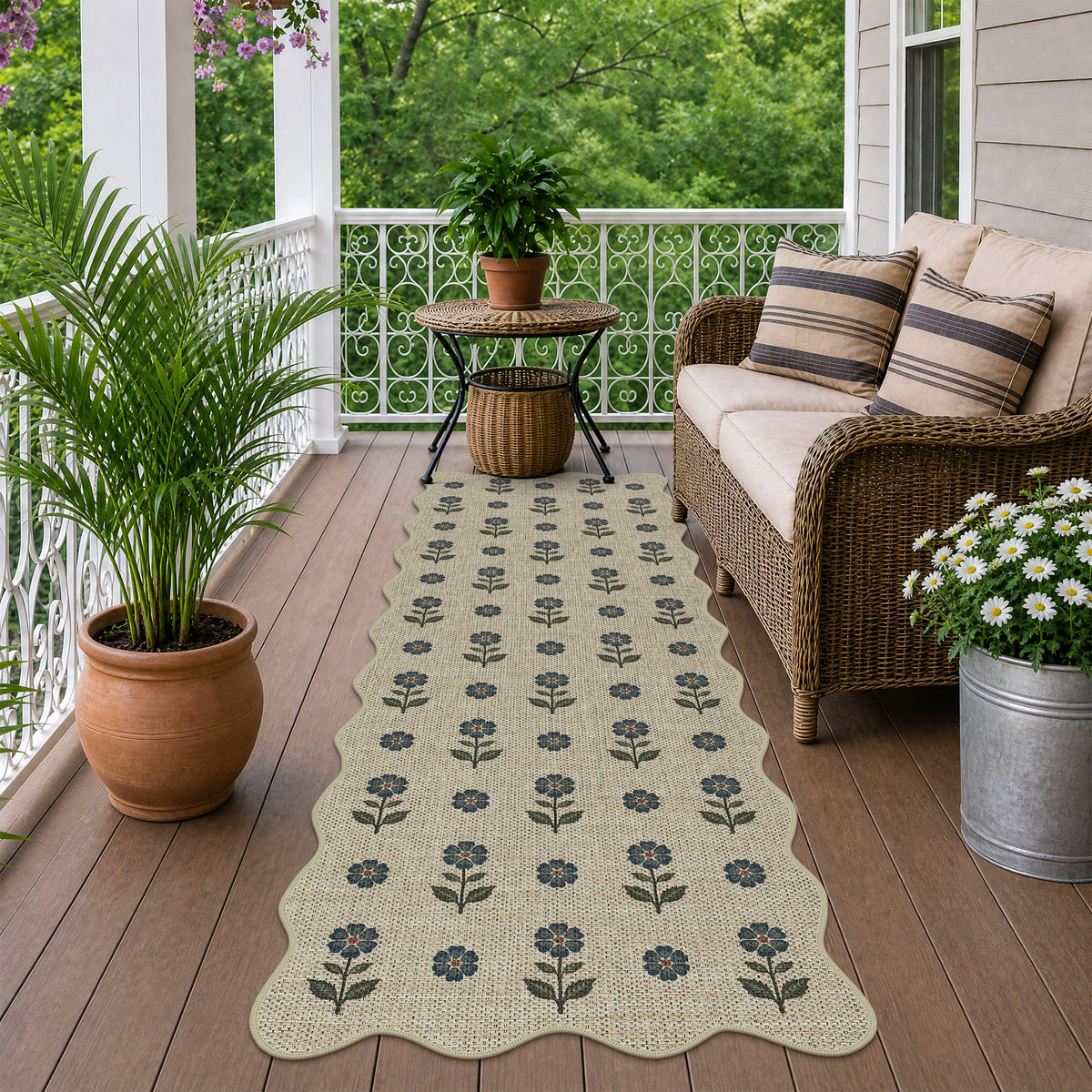 Tribesigns Hallway Tan Green Scalloped Easy Jute Kitchen Runner Rug